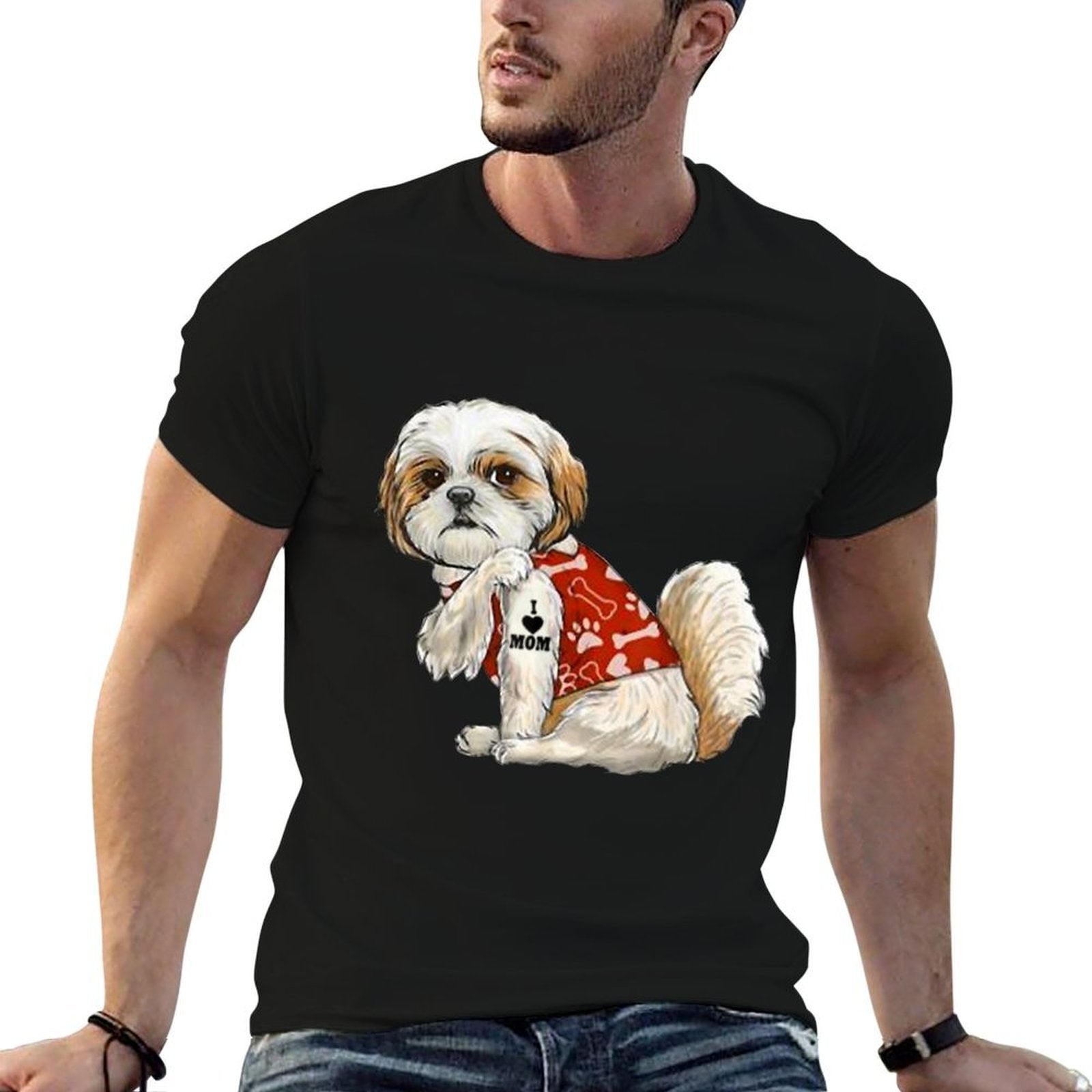 I Love Mom Tattoo Shih Tzu Mom Funny Mothers Day Gift  Ribbed Collar T-Shirt