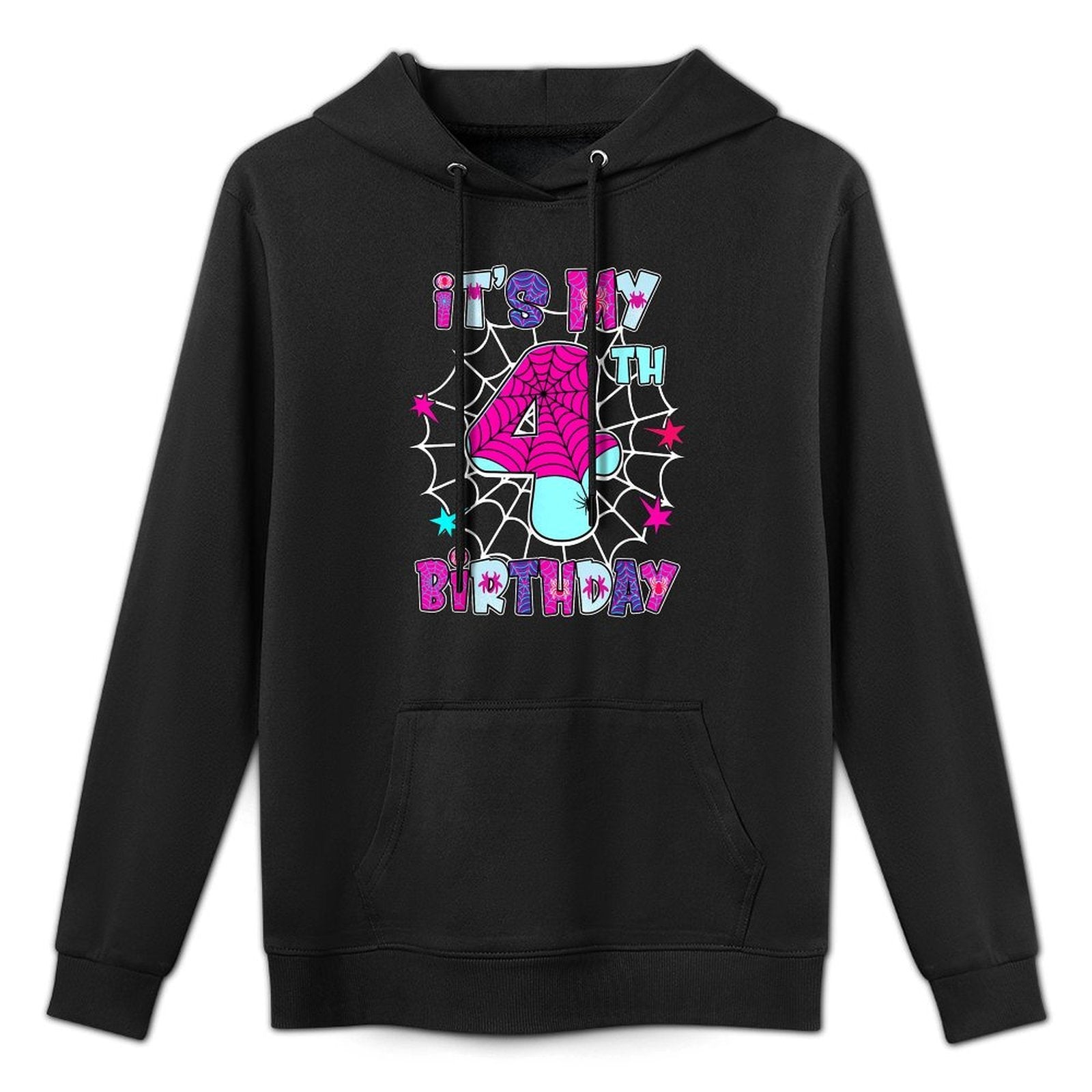 Kids 4 Year Old Birthday Spider Web It's My 4th Birthday Adjustable Hood Hoodie