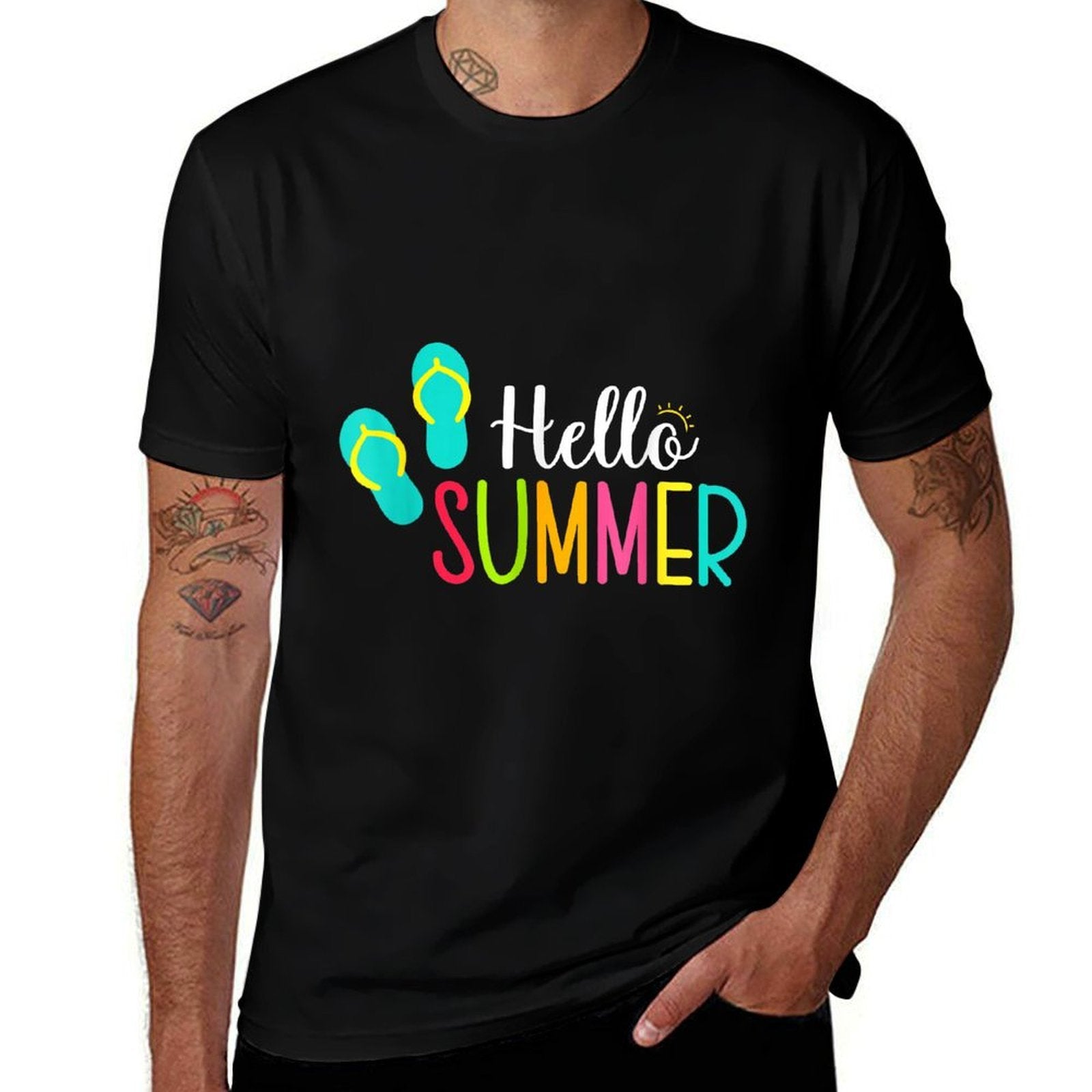Colorful Hello Summer Flip Flops Graphic Funny Sunshine  Lightweight T-Shirt