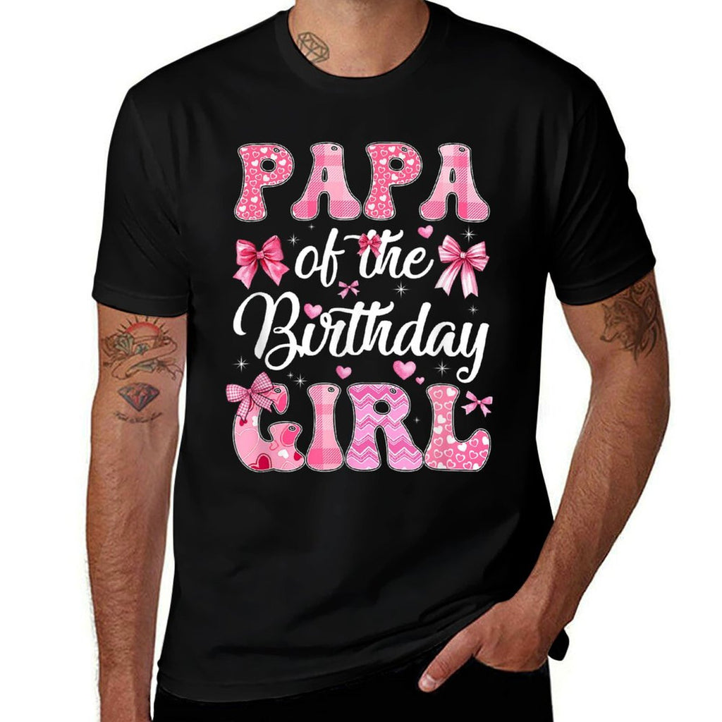 Papa Of The Birthday Girl Family Pink Coquette Bow  Ribbed Collar T-Shirt