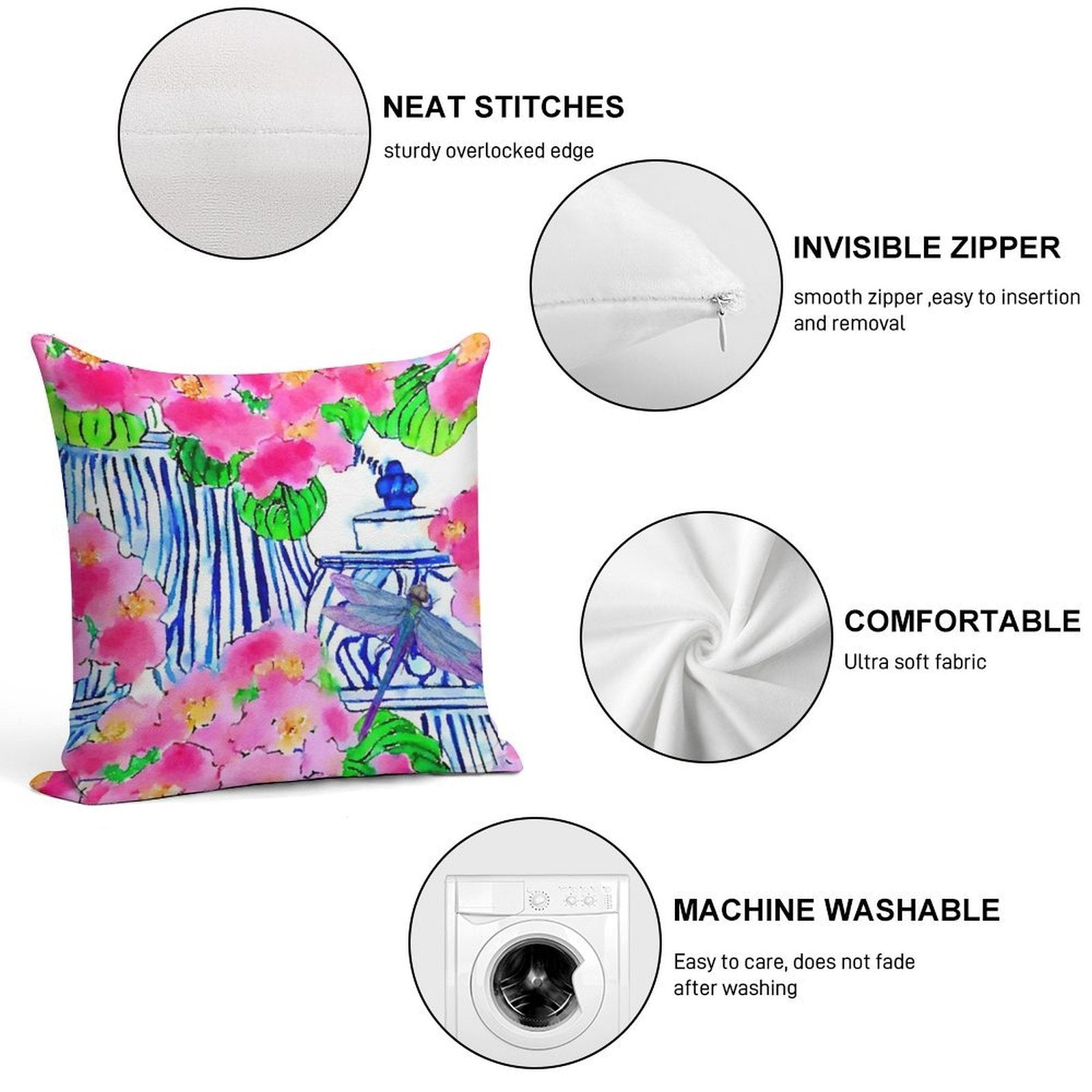 Dragonfly And Chinoiserie Jars with Pink Pansies Soft High-Density Material Throw Pillow