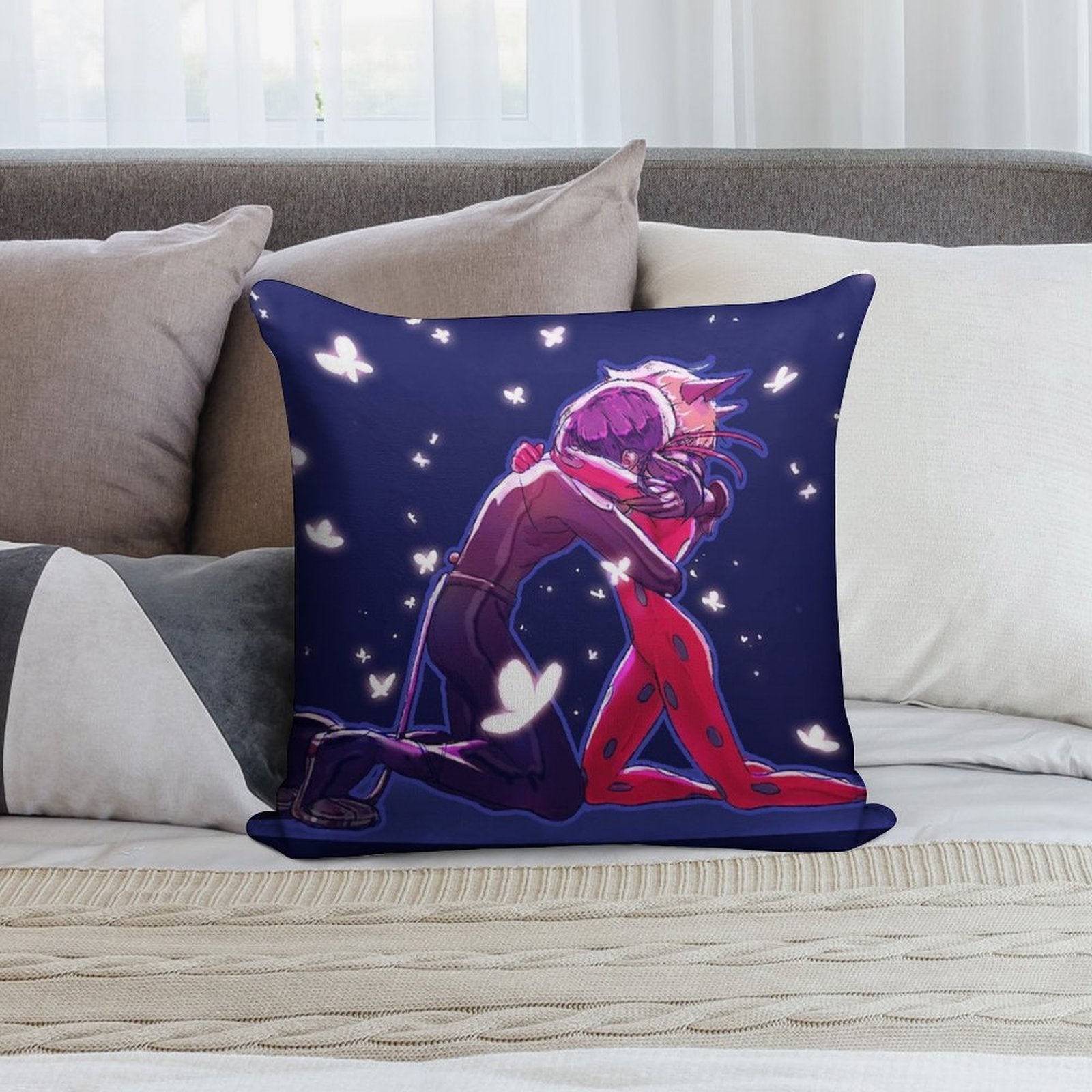 Catboy And Girl Hugging in The Butterflies Soft Style Accent Throw Pillow