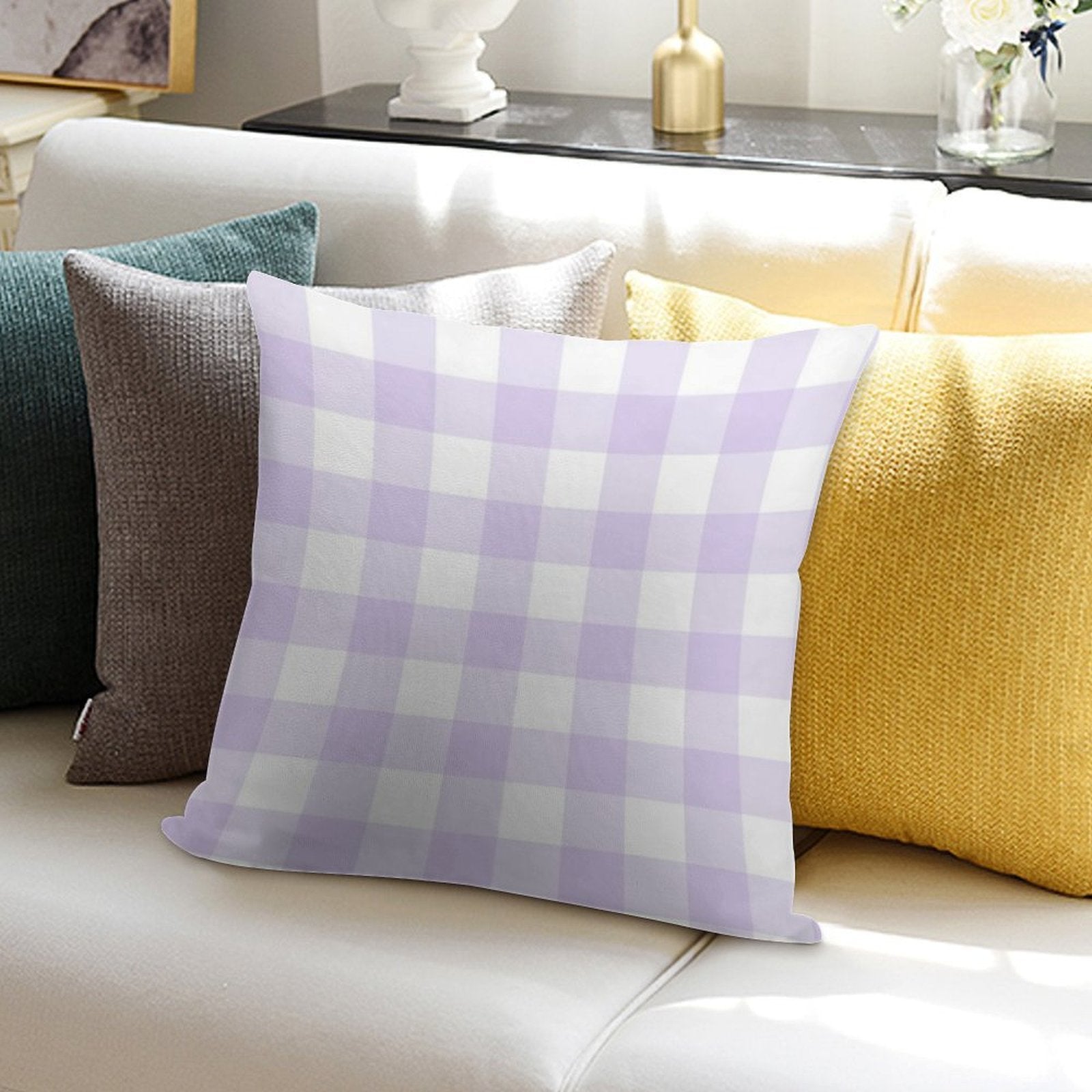 Pastel Purple Gingham Pattern (Large Wide Print) Soft Shrink-Resistant Throw Pillow