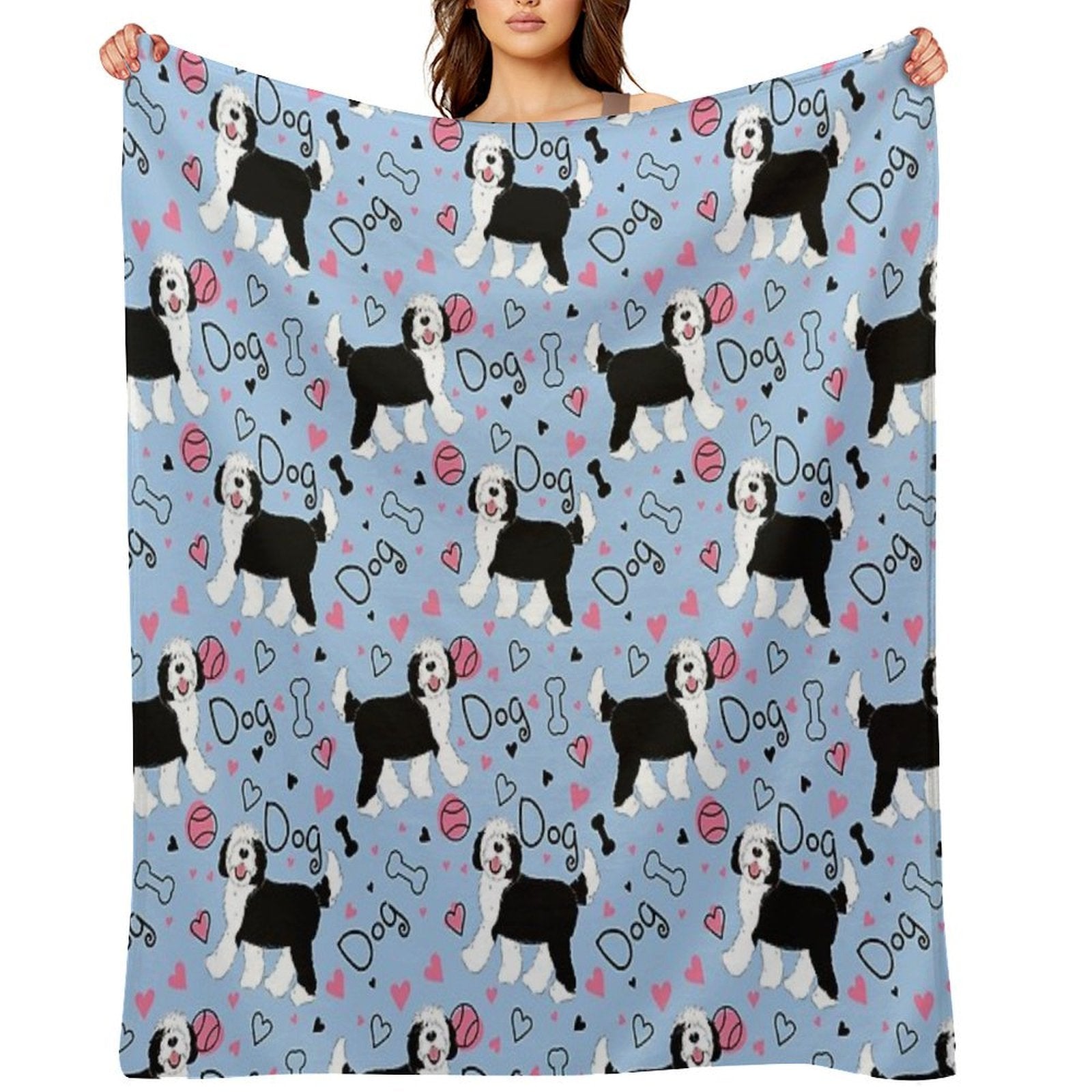 Cute Black And White Sheepadoodle Puppy Machine-washable Throw Blanket