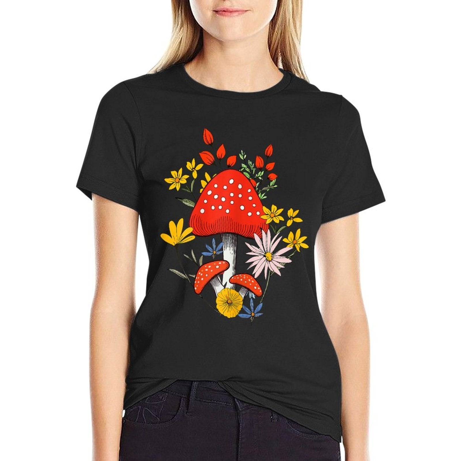 Cottagecore Aesthetic Wildflower And Mushroom Floral Women  Oversized Silhouette T-Shirt