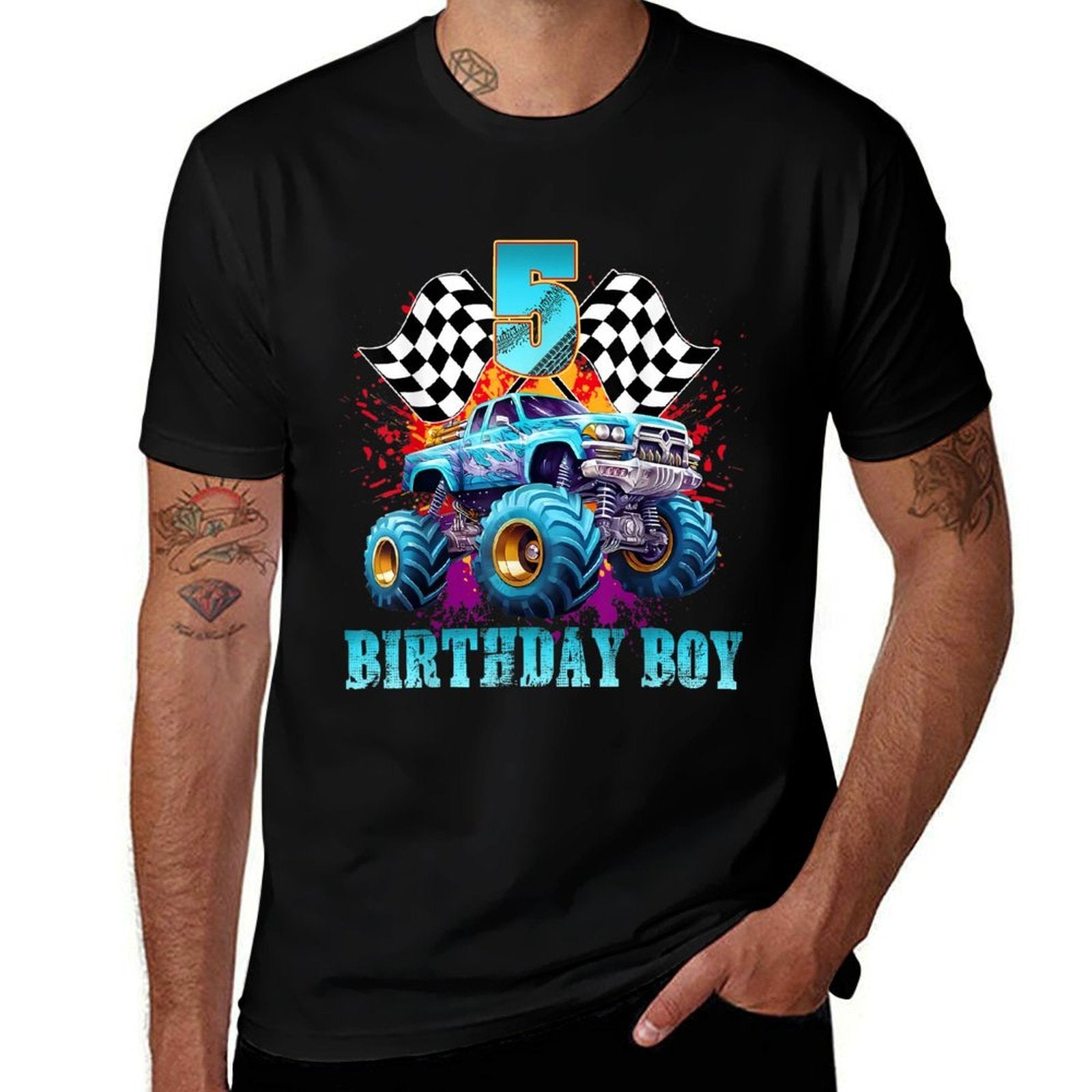 5 Year Old 5th Birthday Boys Monster Truck Car  Moisture-wicking T-Shirt