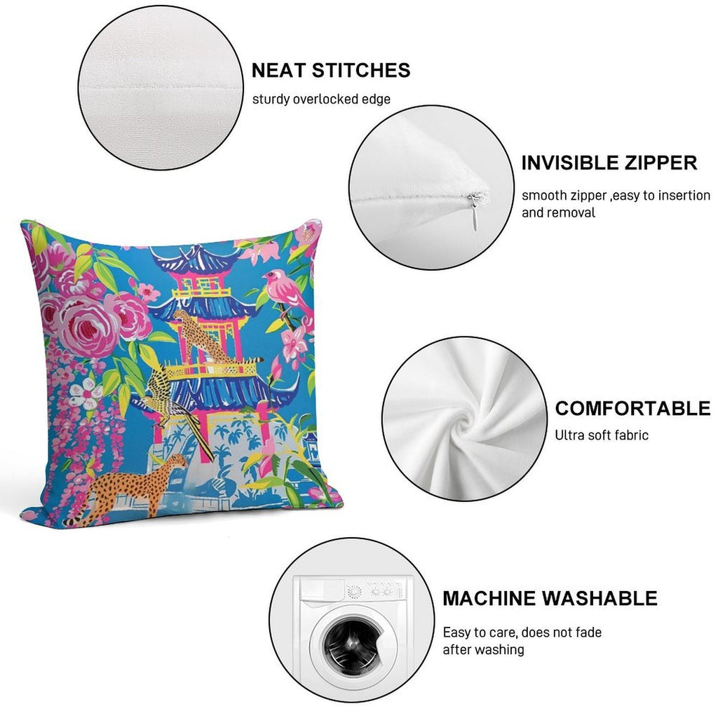 Preppy Cheetah in Chinoiserie Garden in Pink And Cornflower Blue Soft Decorative Cover Throw Pillow