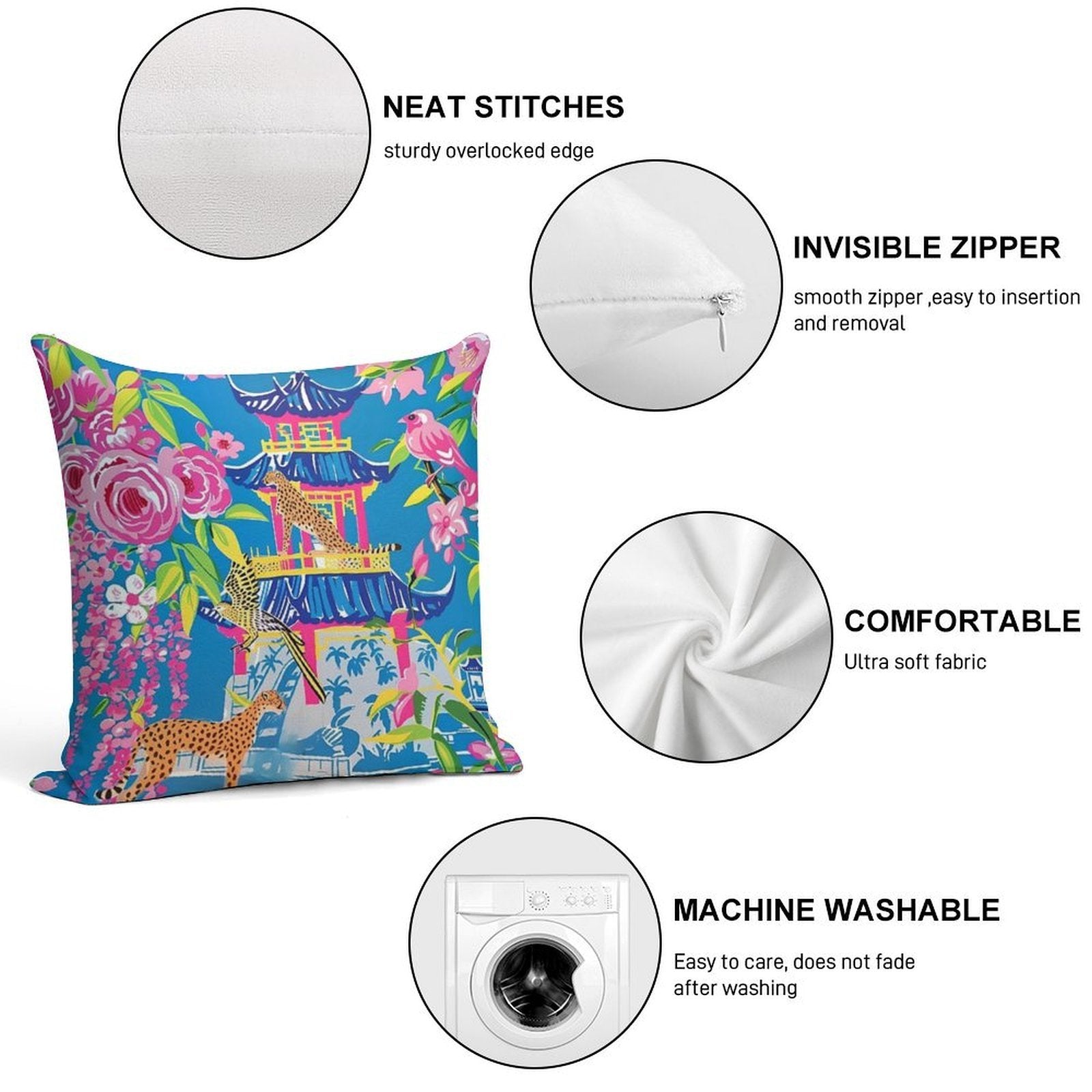 Preppy Cheetah in Chinoiserie Garden in Pink And Cornflower Blue Soft Decorative Cover Throw Pillow