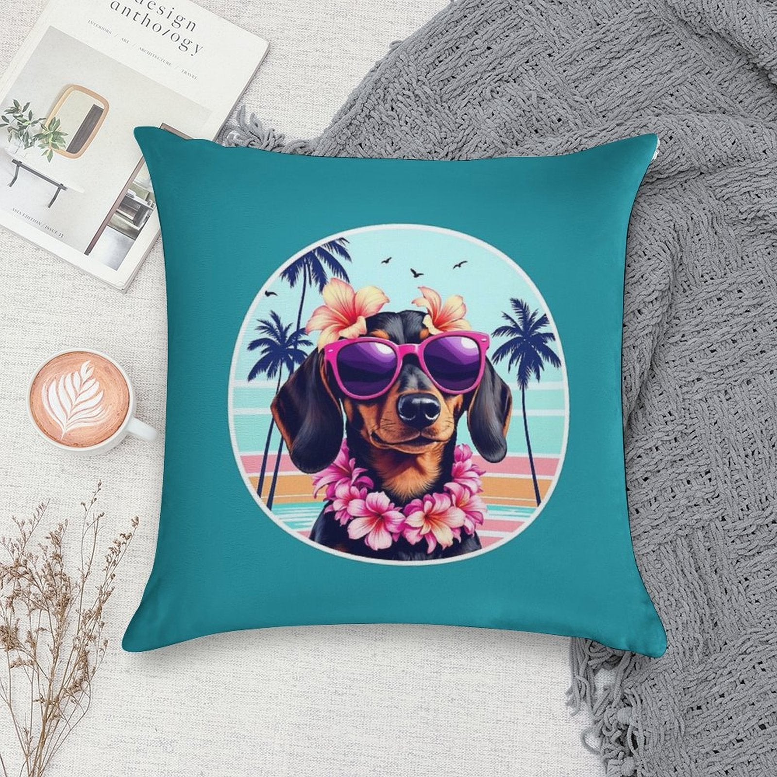 Hawaiian Dachshund Dog Retro Summer Vibes Soft Luxury Feel Throw Pillow