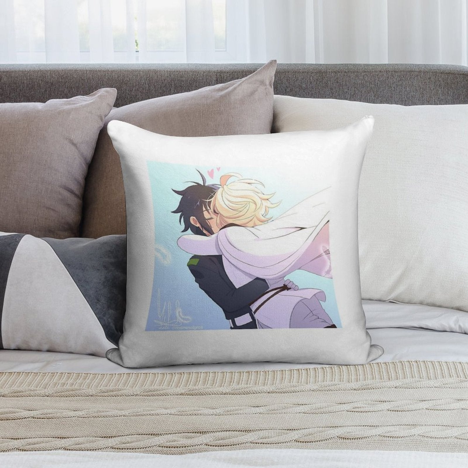 Owari No Seraph MikaYuu Kiss Soft Durable Construction Throw Pillow