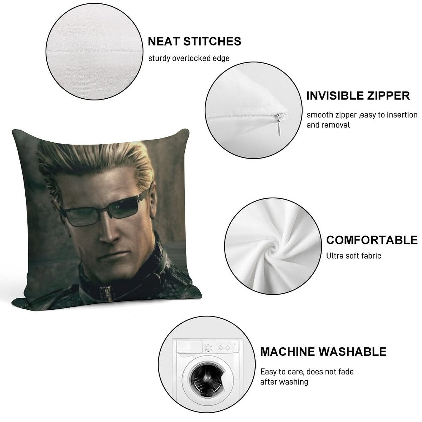 Emo Sunglass Wearing Zombie Man Red Eyed Rizzler Romantic Albert Wesker  RE5 Resident Evil 5 Soft Skin-Friendly Throw Pillow