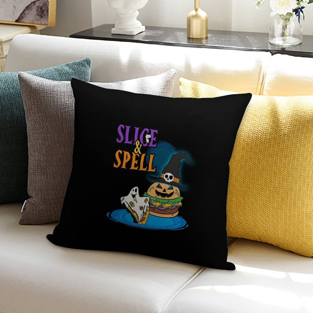 Slice And Spell Halloween Burger Pizza Shirt Soft Fade-Resistant Throw Pillow