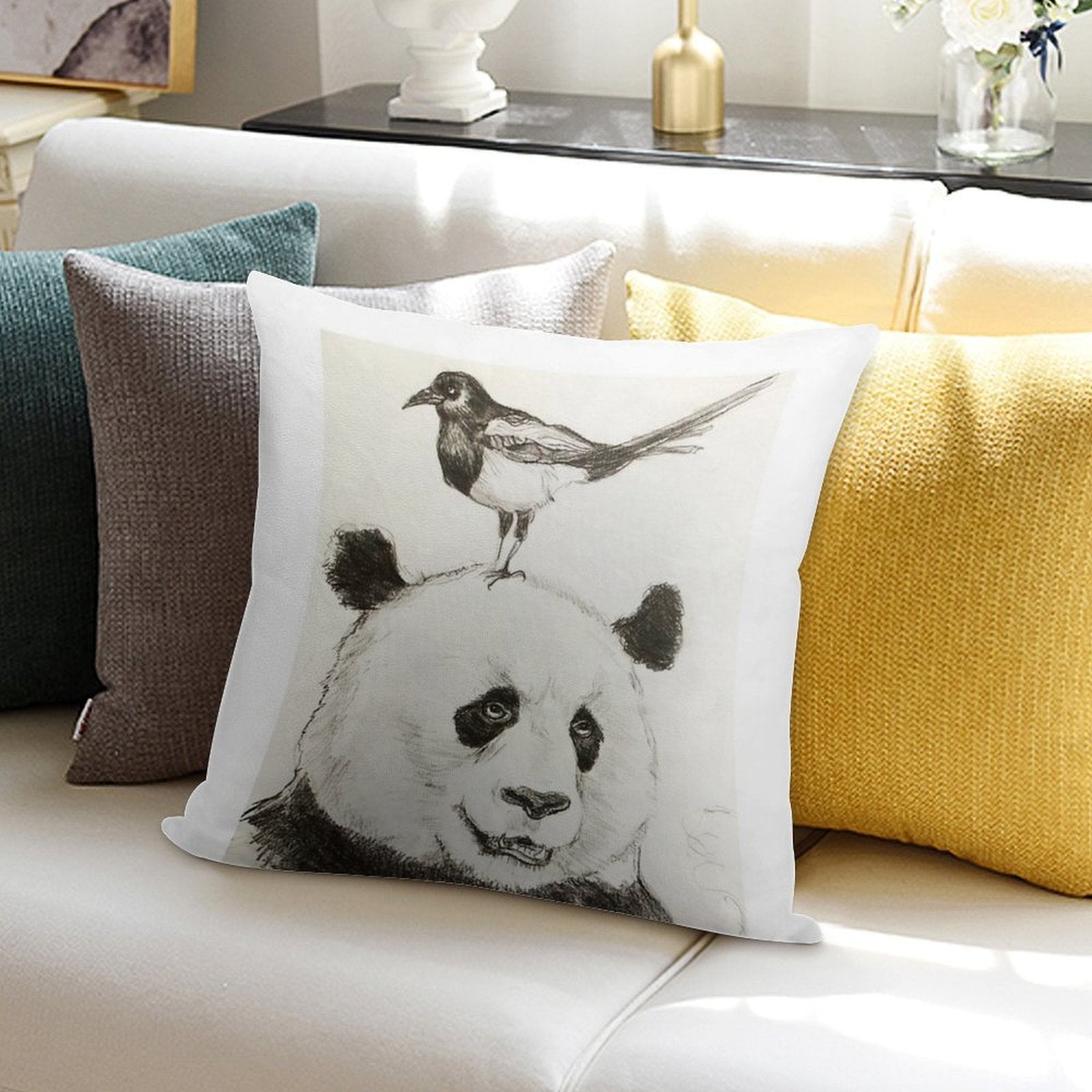 Panda And The Magpie Soft Shrink-Resistant Throw Pillow