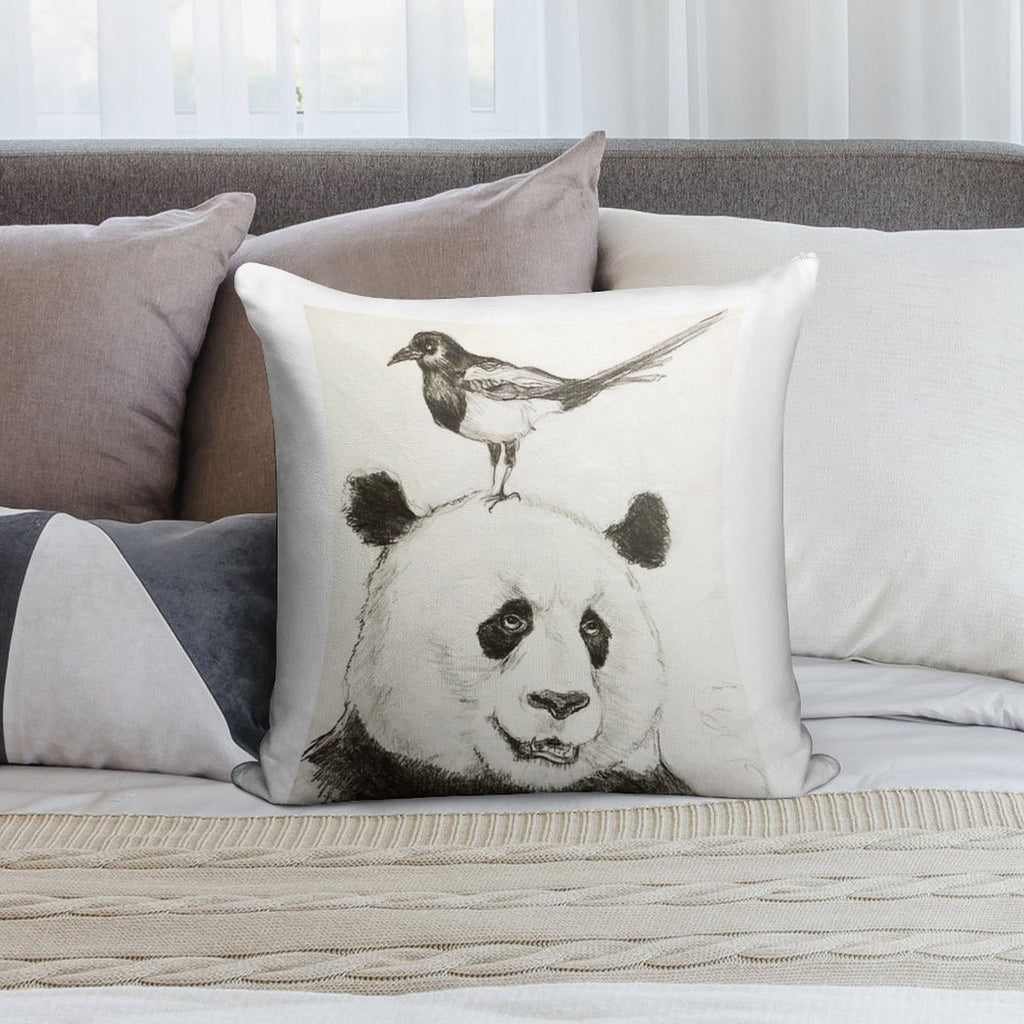 Panda And The Magpie Soft Shrink-Resistant Throw Pillow