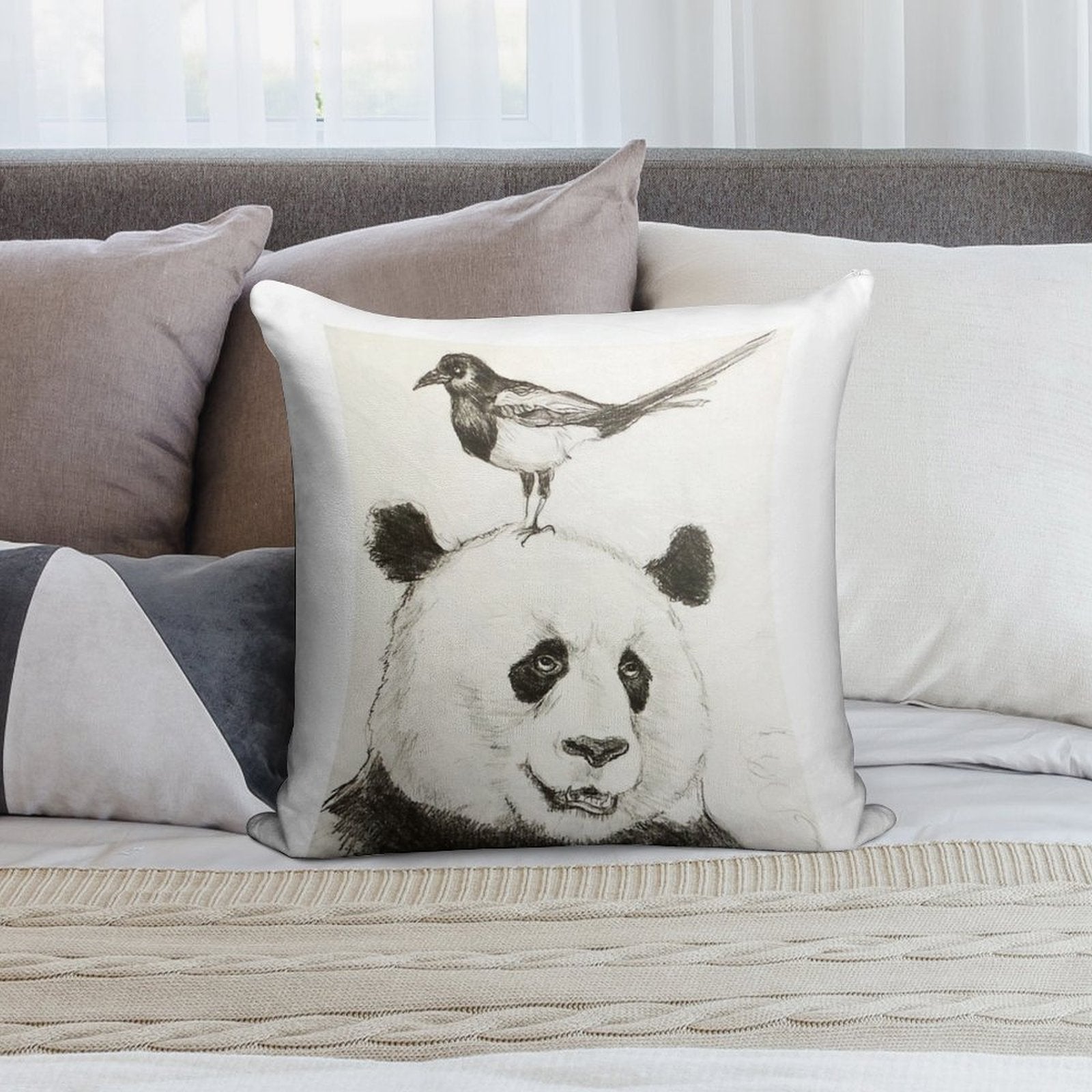 Panda And The Magpie Soft Shrink-Resistant Throw Pillow