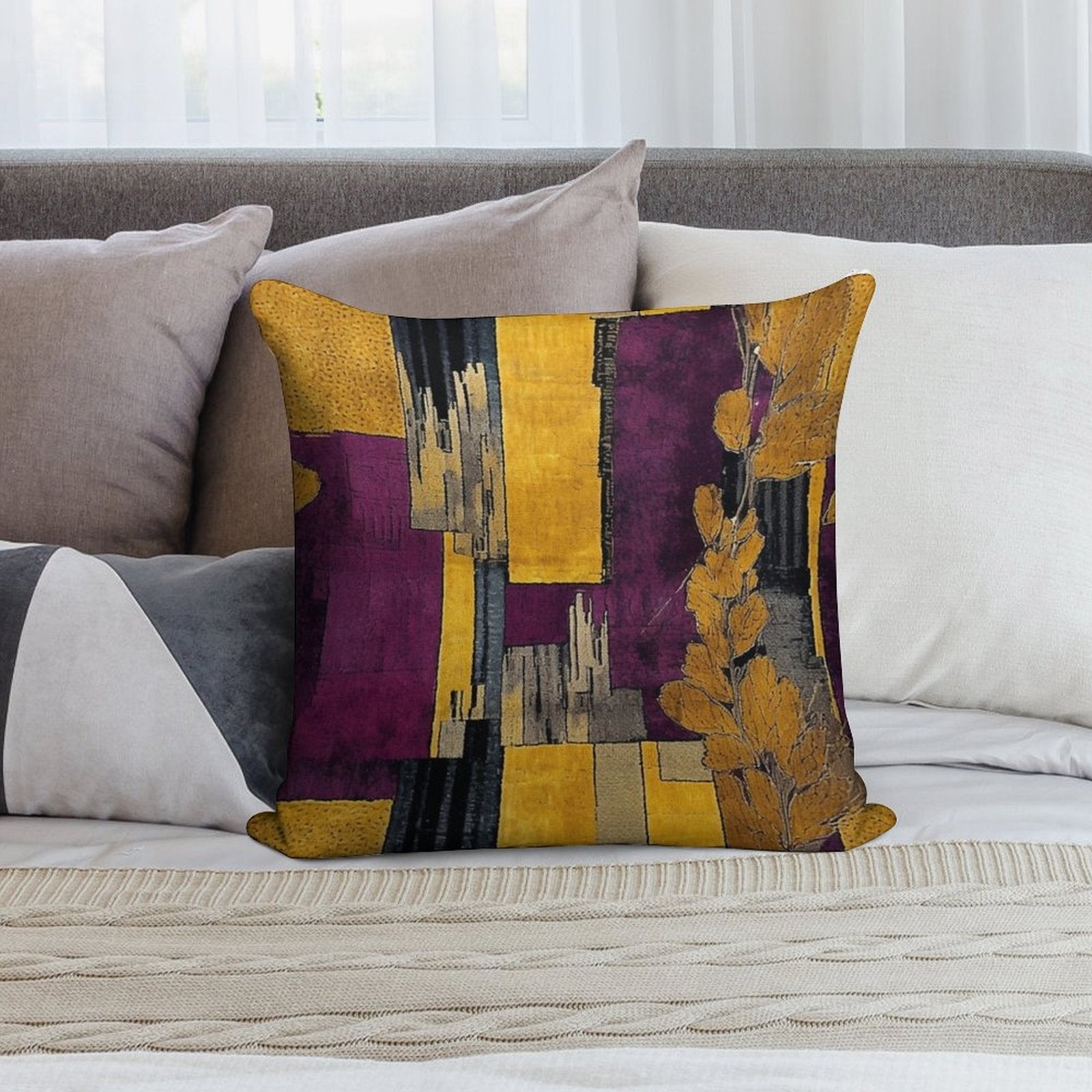 Post-Impressionist Splash in Mustard Yellow And Plum Purple Soft Gift Ready Throw Pillow