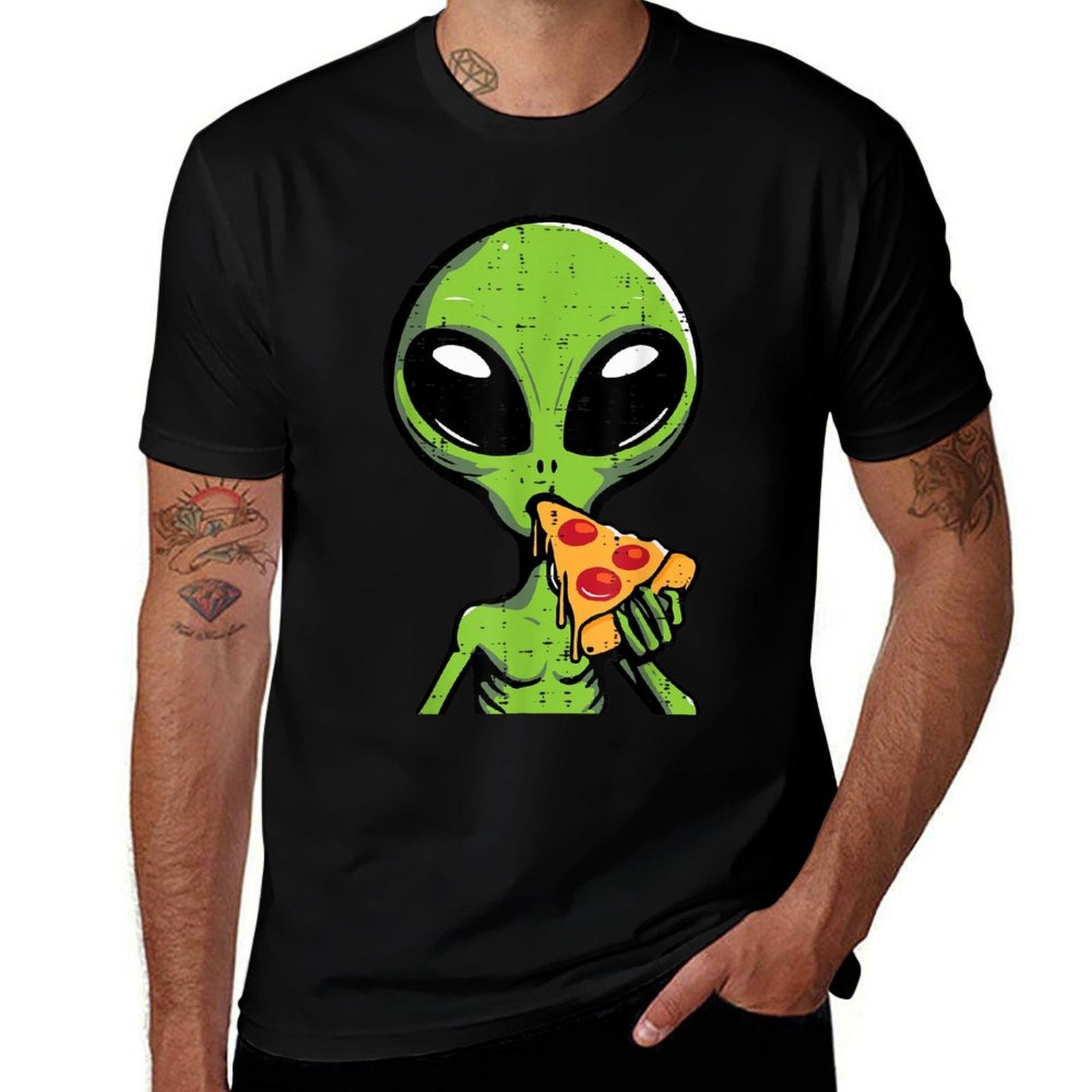 Alien Eating Pizza Funny Ufo Snack Food Men Boys Kids Women  Slim-fit Cut T-Shirt