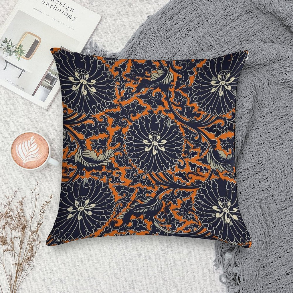 Chinese Peonies with Acanthus Leaves Floral Pattern in Orange And Black Soft Shrink-Resistant Throw Pillow