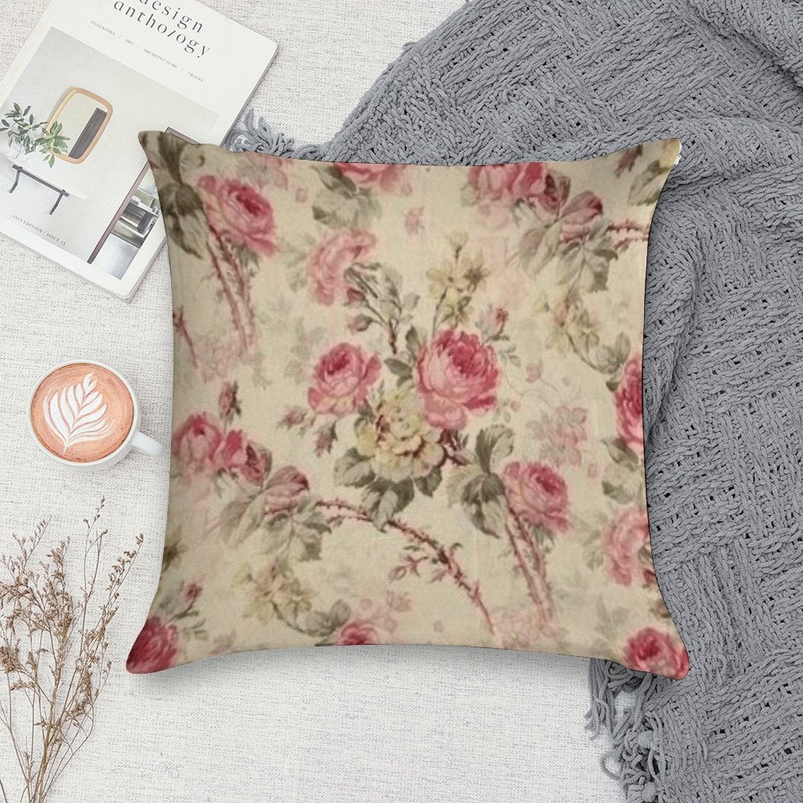 Vintage Roses Floral Print Soft Shrink-Resistant Throw Pillow