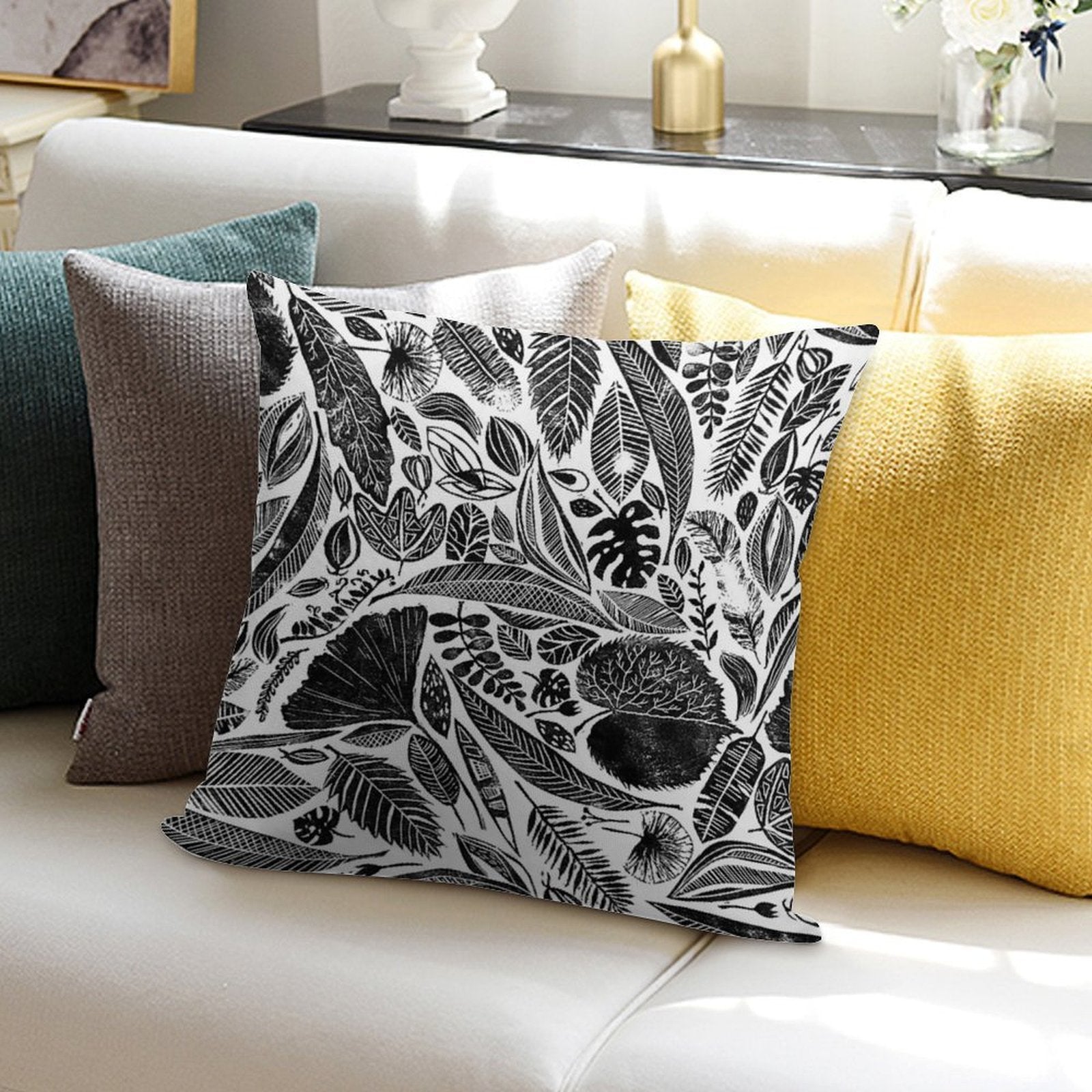 Mixed Leaves, Lino Cut Printed Nature Inspired Hand Printed Pattern Soft Washable Throw Pillow