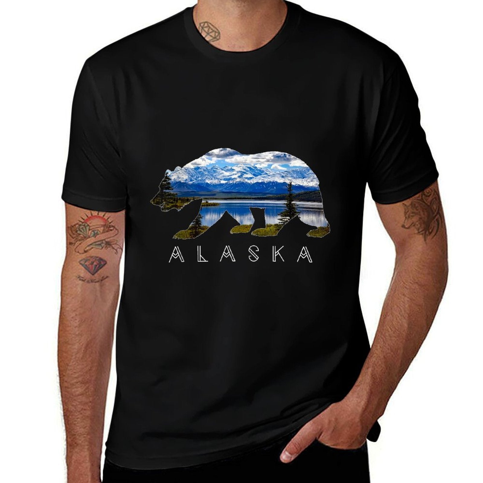 Alaskan Bear with Lake  Mountain Souvenir  Wrinkle-resistant T-Shirt