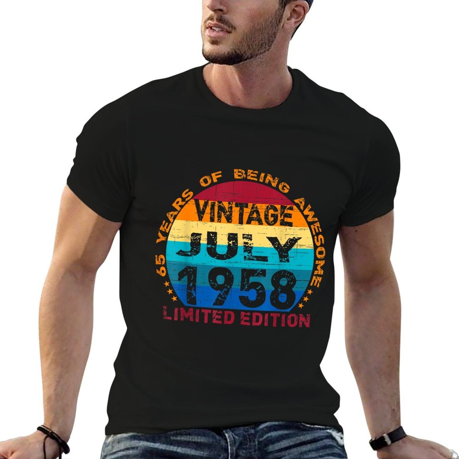 65 Years Old Vintage July 1958 Distressed 65th Birthday  Fade-proof Color T-Shirt