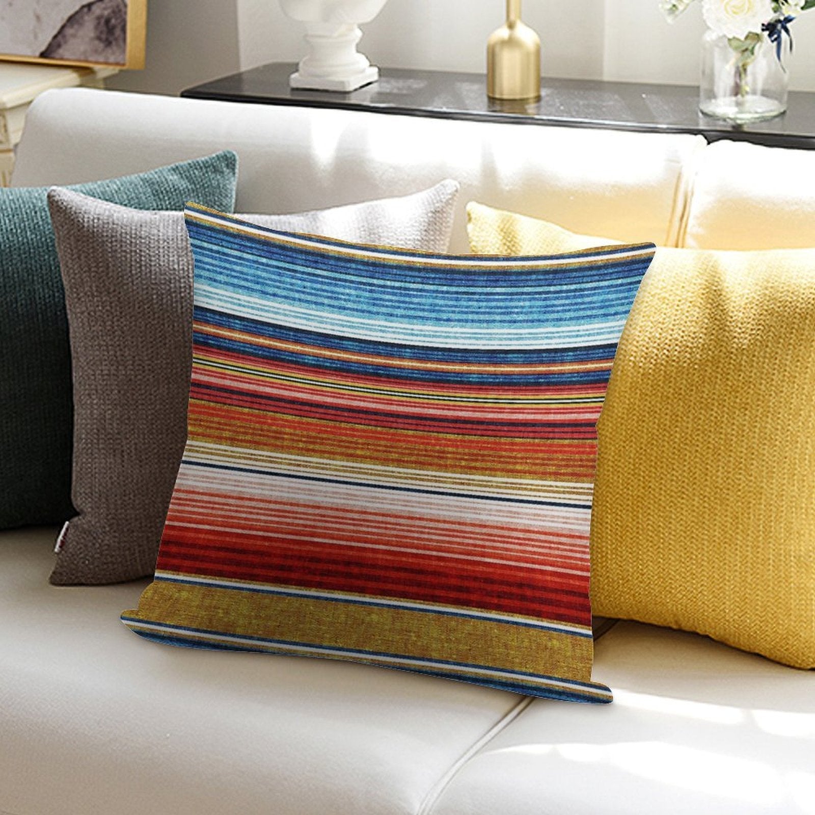 Serape Stripe - Orange And Blue Soft Home Decor Throw Pillow