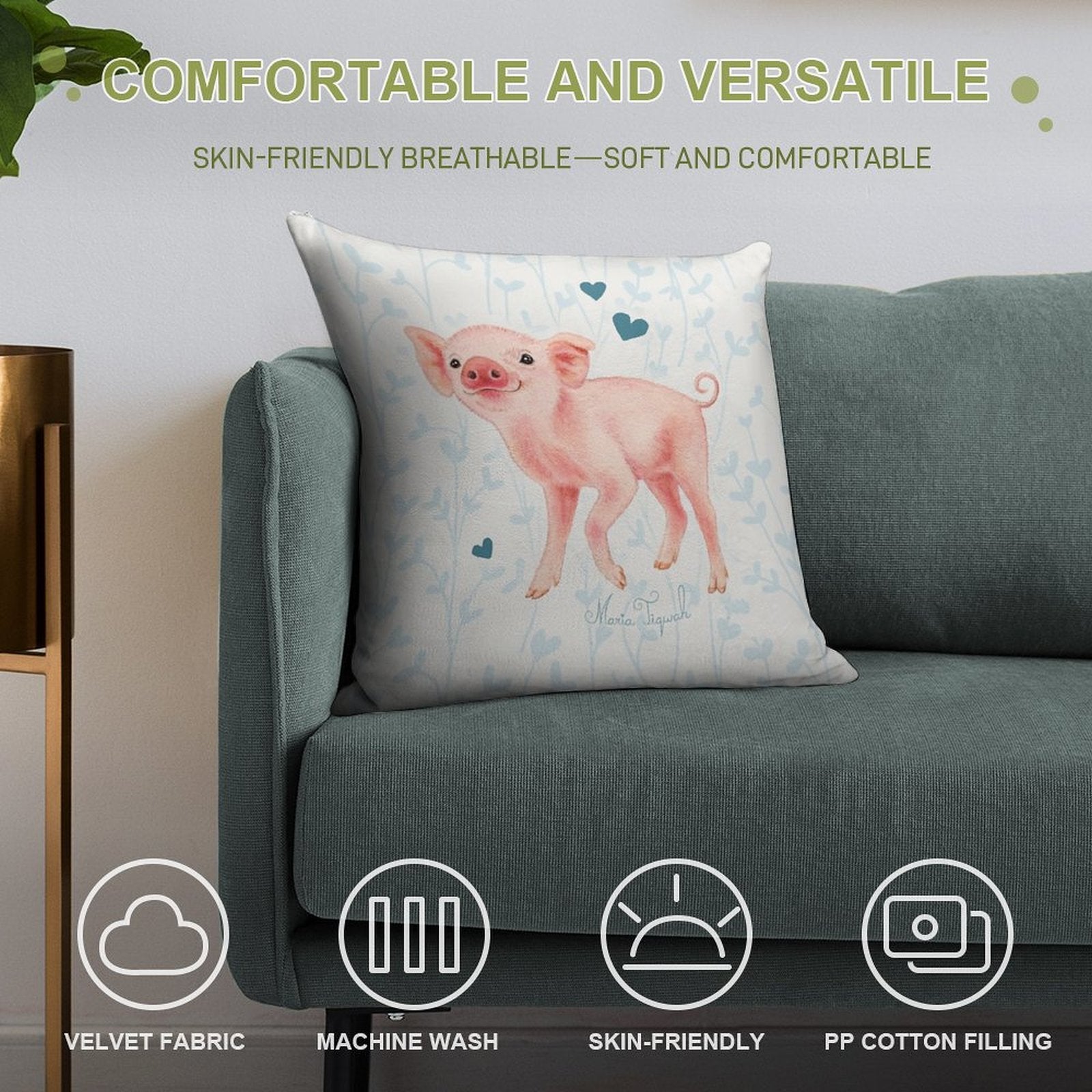 Cute Piglet by Maria Tiqwah Soft Decorative Cover Throw Pillow