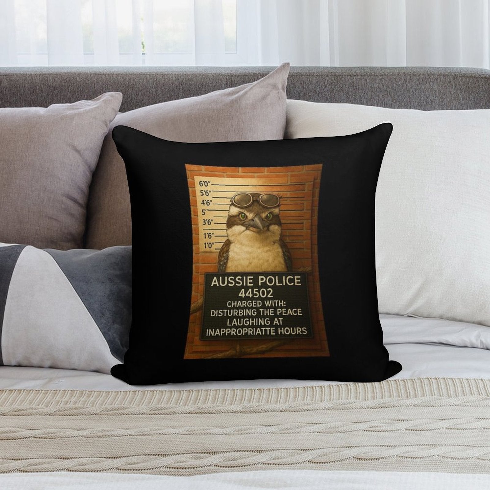 Kookaburra Mugshot – Funny Aussie Wildlife Art from Outback Offenders Soft Style Accent Throw Pillow