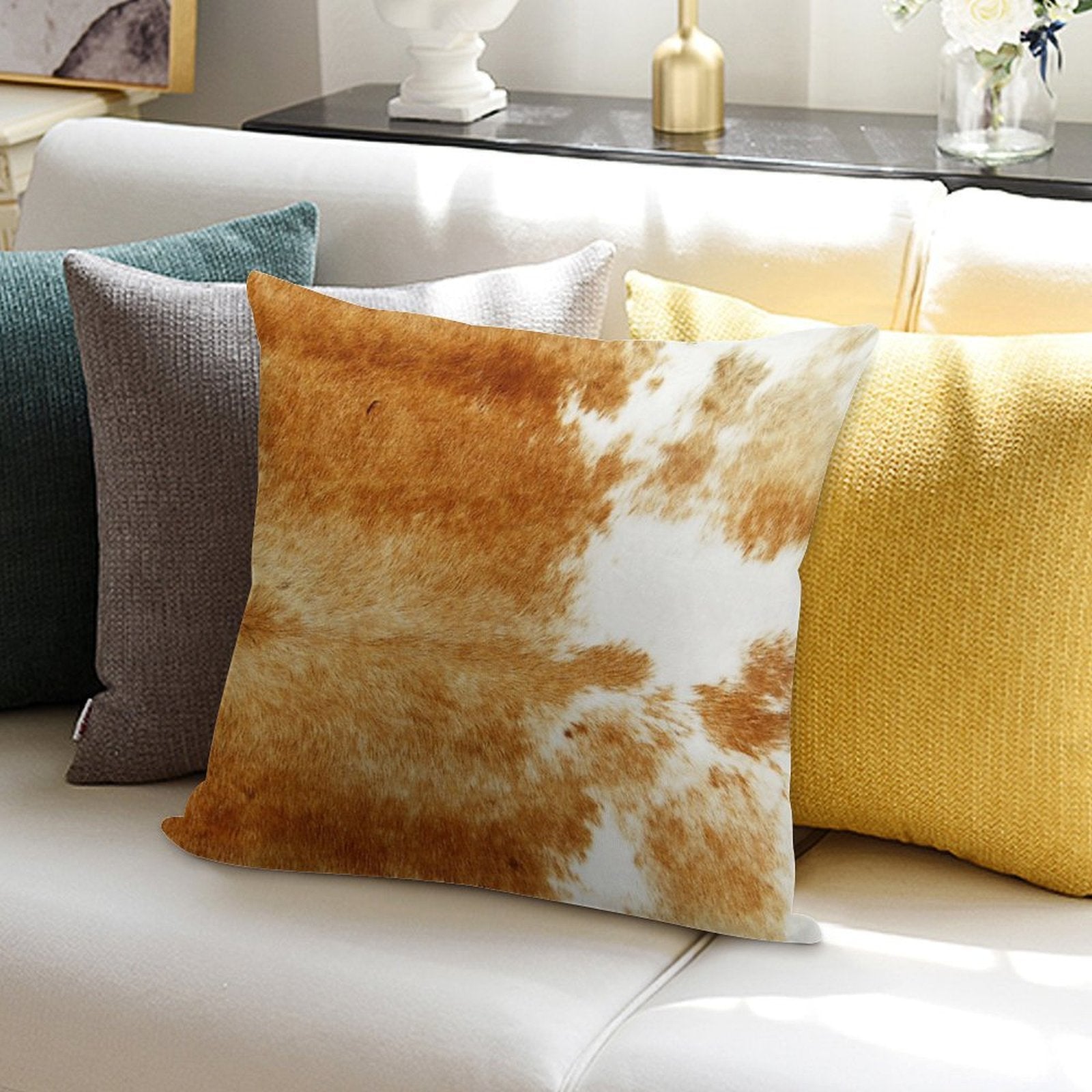 Golden Brown Cow Hide Soft Hidden Zipper Throw Pillow