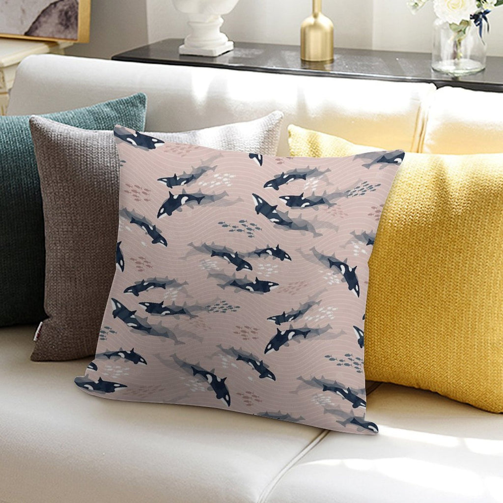 Orca in Motion  Blush Ocean Pattern Soft Hidden Zipper Throw Pillow