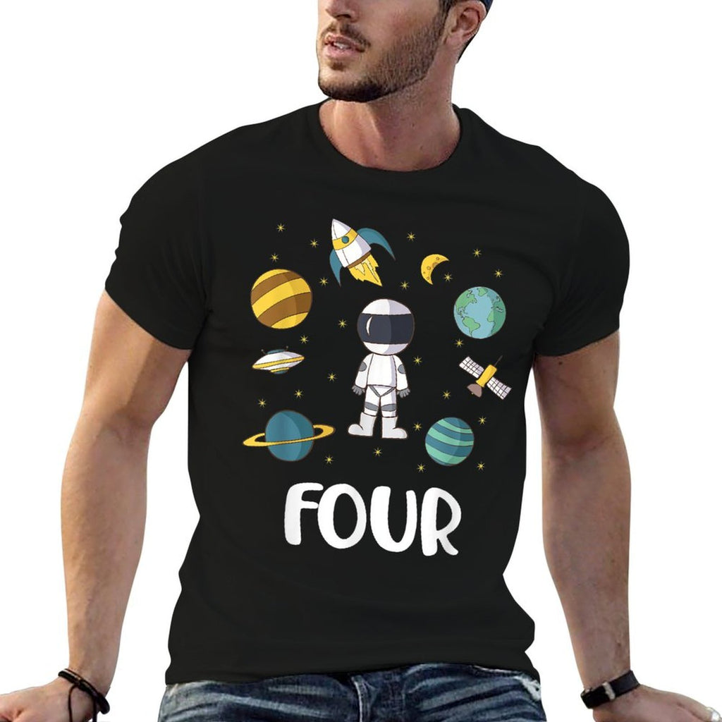 Outer Space 4 Year Old 4th Birthday Party Astronaut Planet  Trendy Pattern T-Shirt