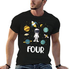 Outer Space 4 Year Old 4th Birthday Party Astronaut Planet  Trendy Pattern T-Shirt