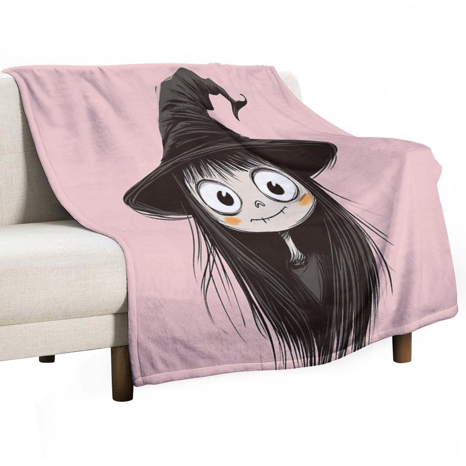 Spooky-Cute Witch in Sketch Style – Big Witch Hat & Big Eyes Travel-friendly Throw Blanket