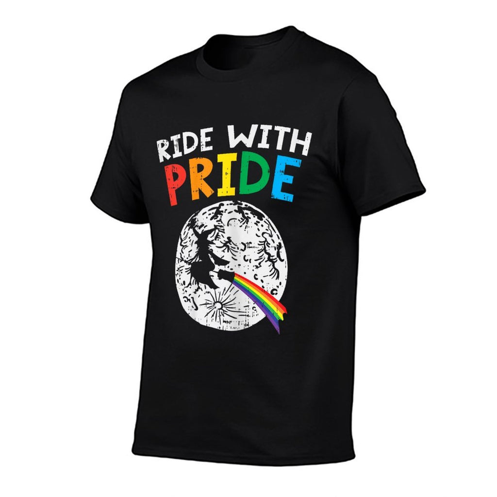 Ride With Pride LGBT Lesbian Witch Gay Rainbow Halloween  Fade-proof Color T-Shirt