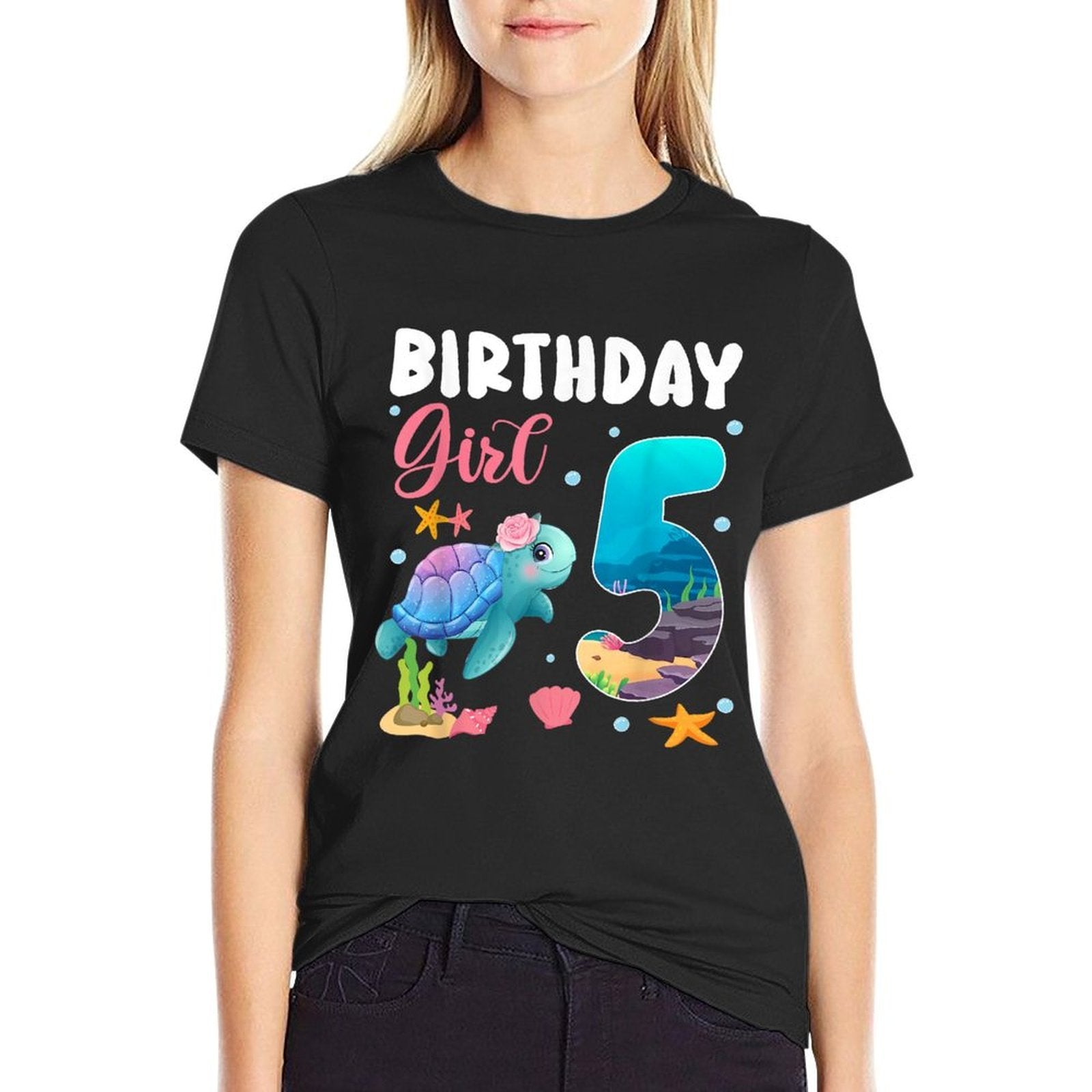 Birthday Girls 5th Sea Turtle 5 Year Old Ocean Aquarium  Rolled Sleeves T-Shirt