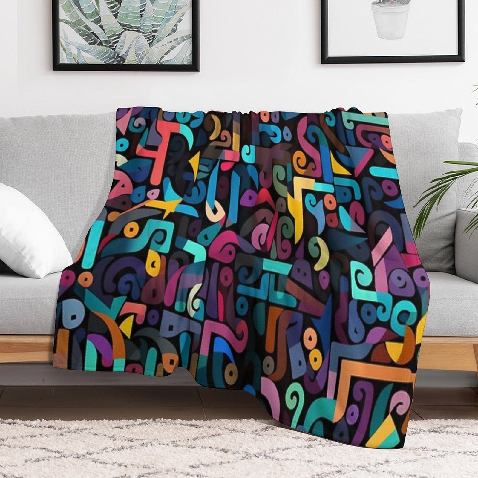 Colorful Fantasy Pattern Orange Yellow Green Red Turquoise Black Ornaments Easy Care Throw Blanket