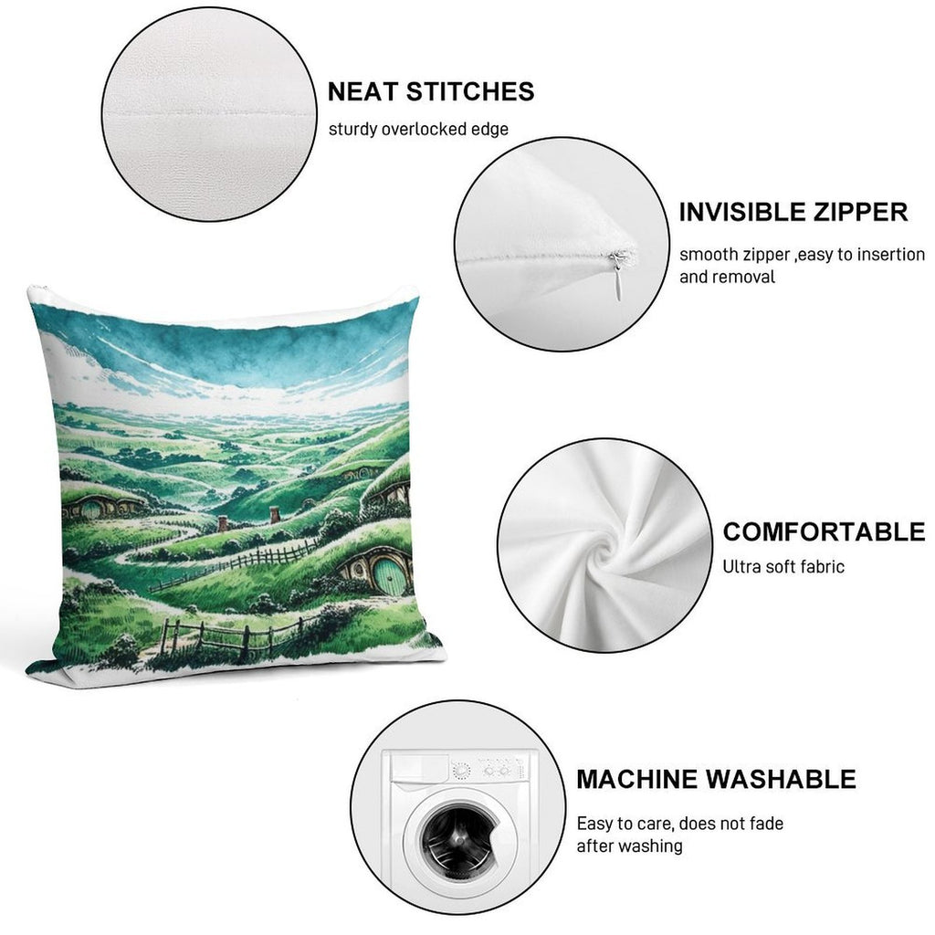 Panoramic Sumi-e Hobbiton Tranquil Fantasy Ink Landscape Soft Luxury Feel Throw Pillow