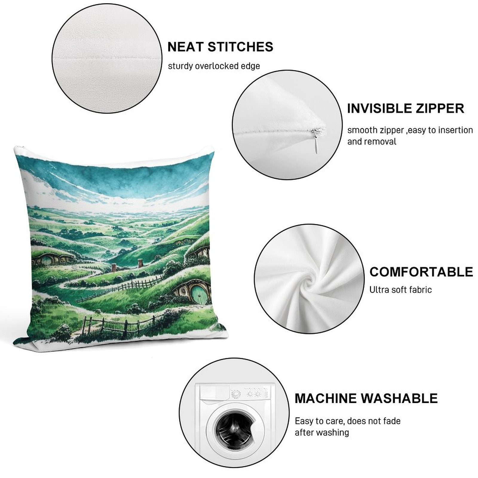 Panoramic Sumi-e Hobbiton Tranquil Fantasy Ink Landscape Soft Luxury Feel Throw Pillow