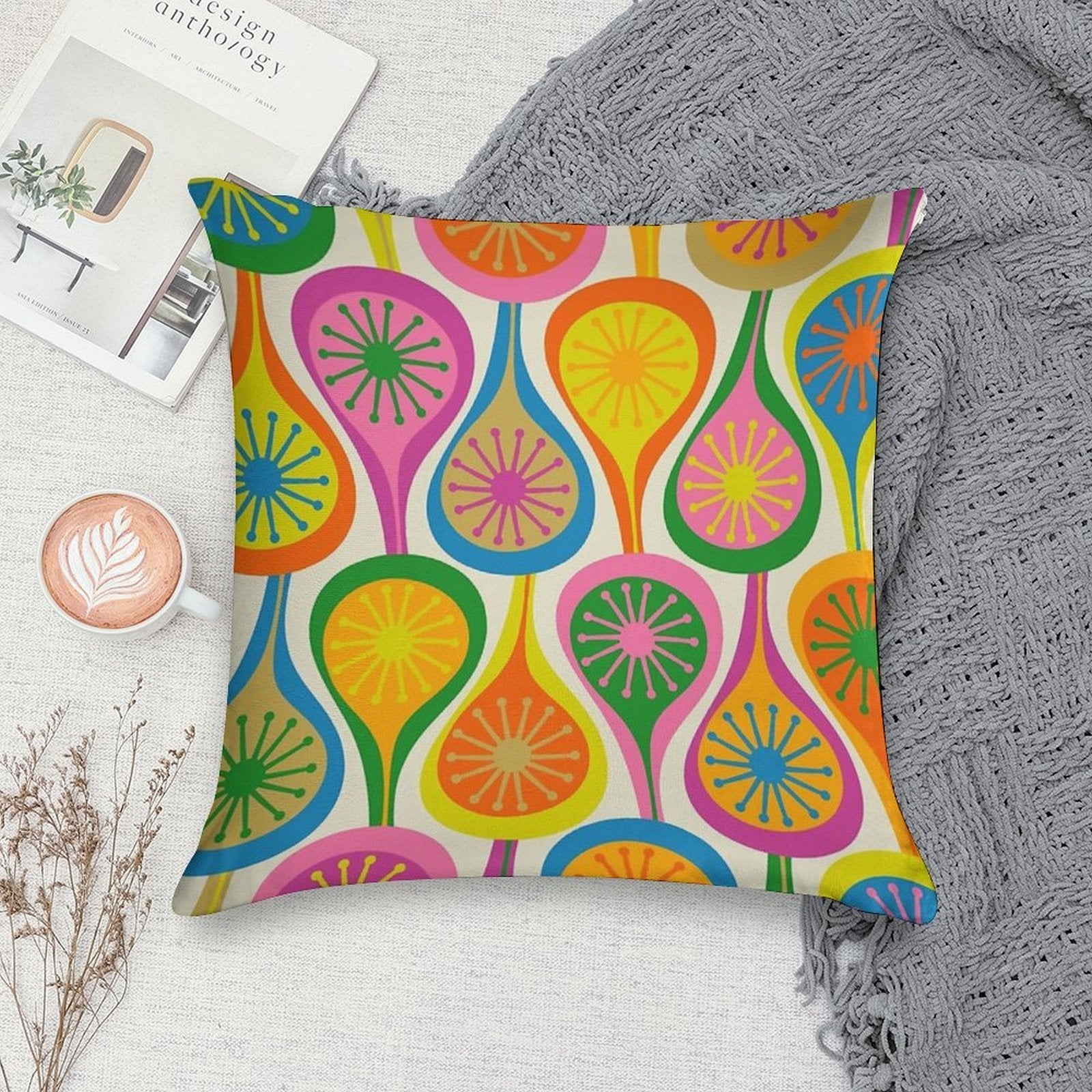 Colorful And Bright Mid Century Modern Atomic Drops Retro Pattern Soft Gift Ready Throw Pillow
