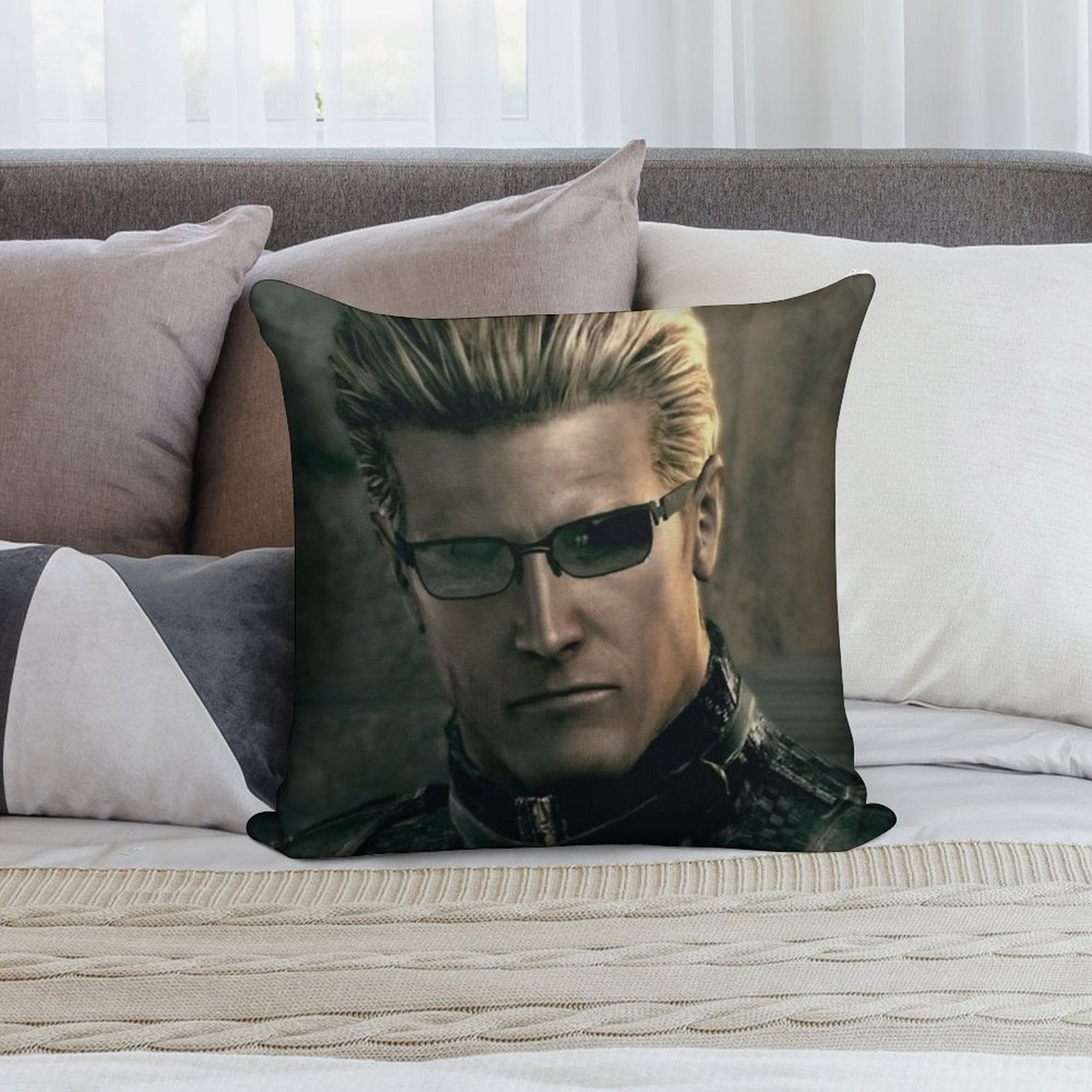 Emo Sunglass Wearing Zombie Man Red Eyed Rizzler Romantic Albert Wesker  RE5 Resident Evil 5 Soft Skin-Friendly Throw Pillow
