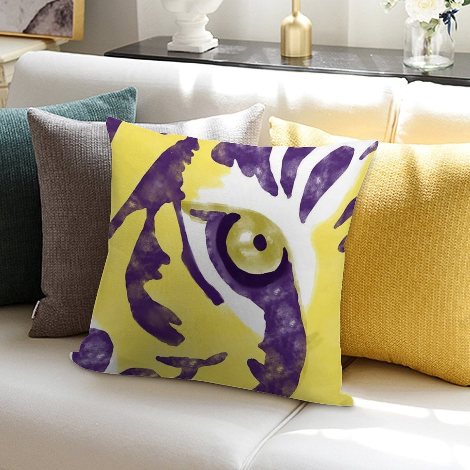 Purple And Gold Watercolor Tiger Artwork Soft Ultra-Soft Texture Throw Pillow