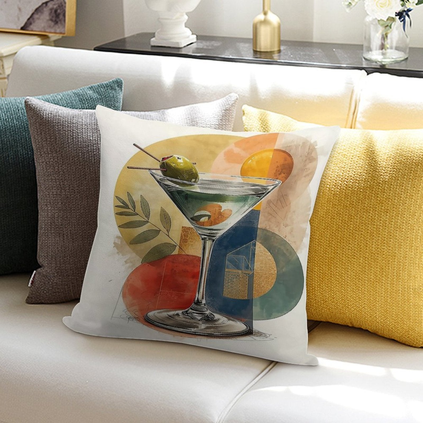 Martini Time – Retro Cocktail Poster with Bauhaus Geometry Soft Multiple Sizes Throw Pillow