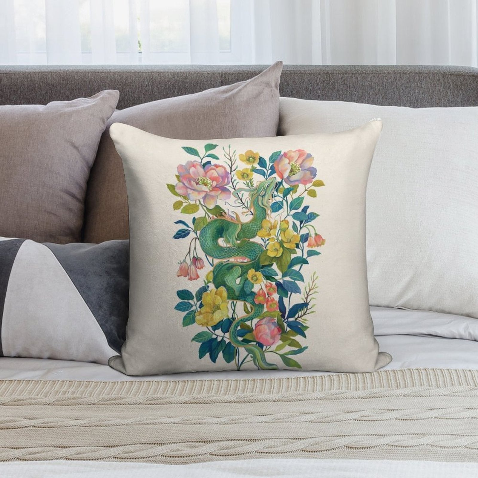 Floral Dragon Soft Bedroom Essential Throw Pillow