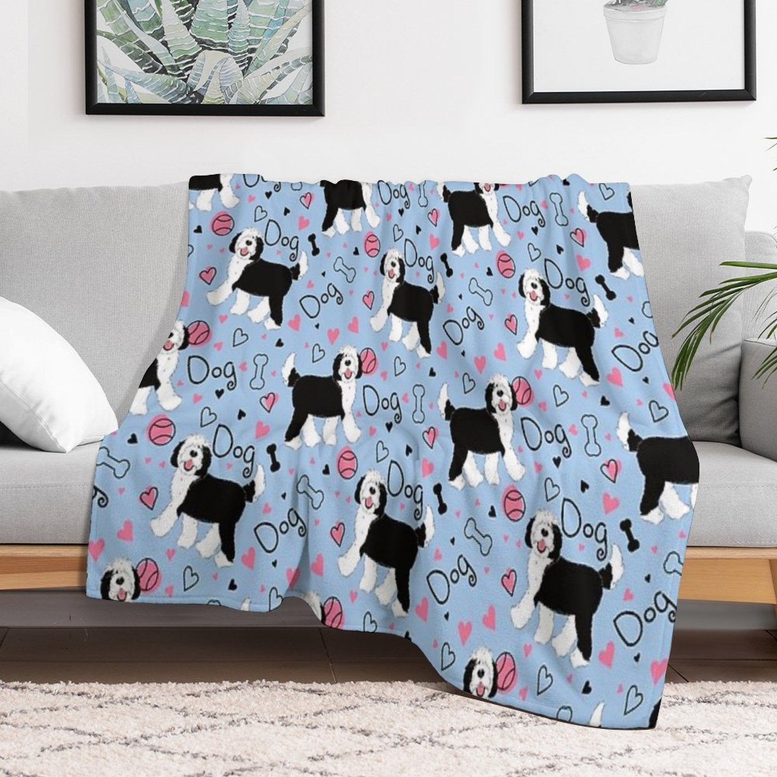 Cute Black And White Sheepadoodle Puppy Machine-washable Throw Blanket