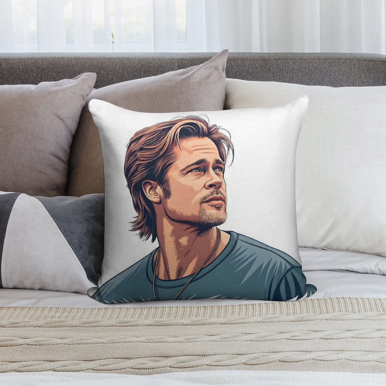 Handsome Icon Illustrated Tribute to Brad Pitt Soft High-Density Material Throw Pillow