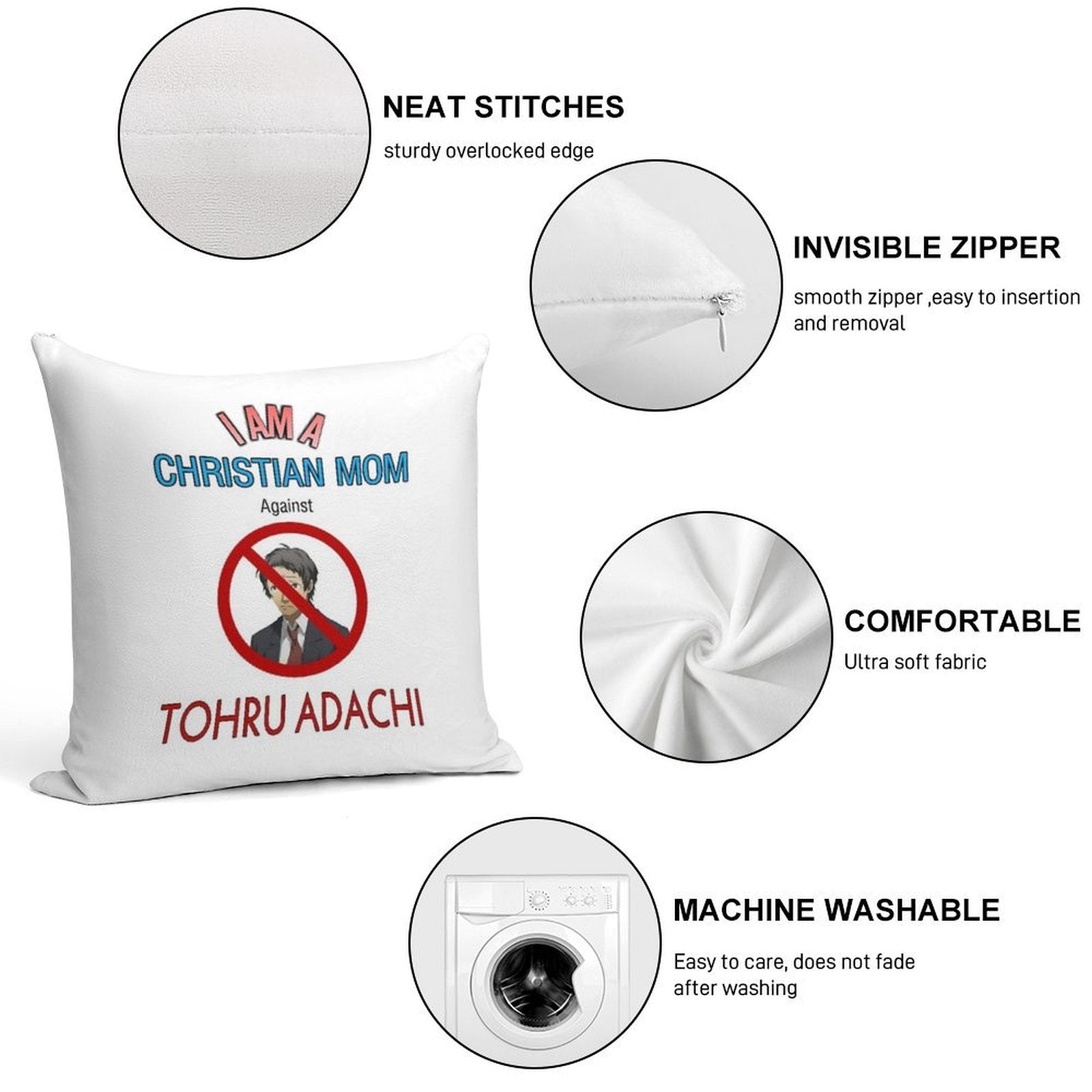 Christian Moms Against Tohru Adachi Soft Shrink-Resistant Throw Pillow