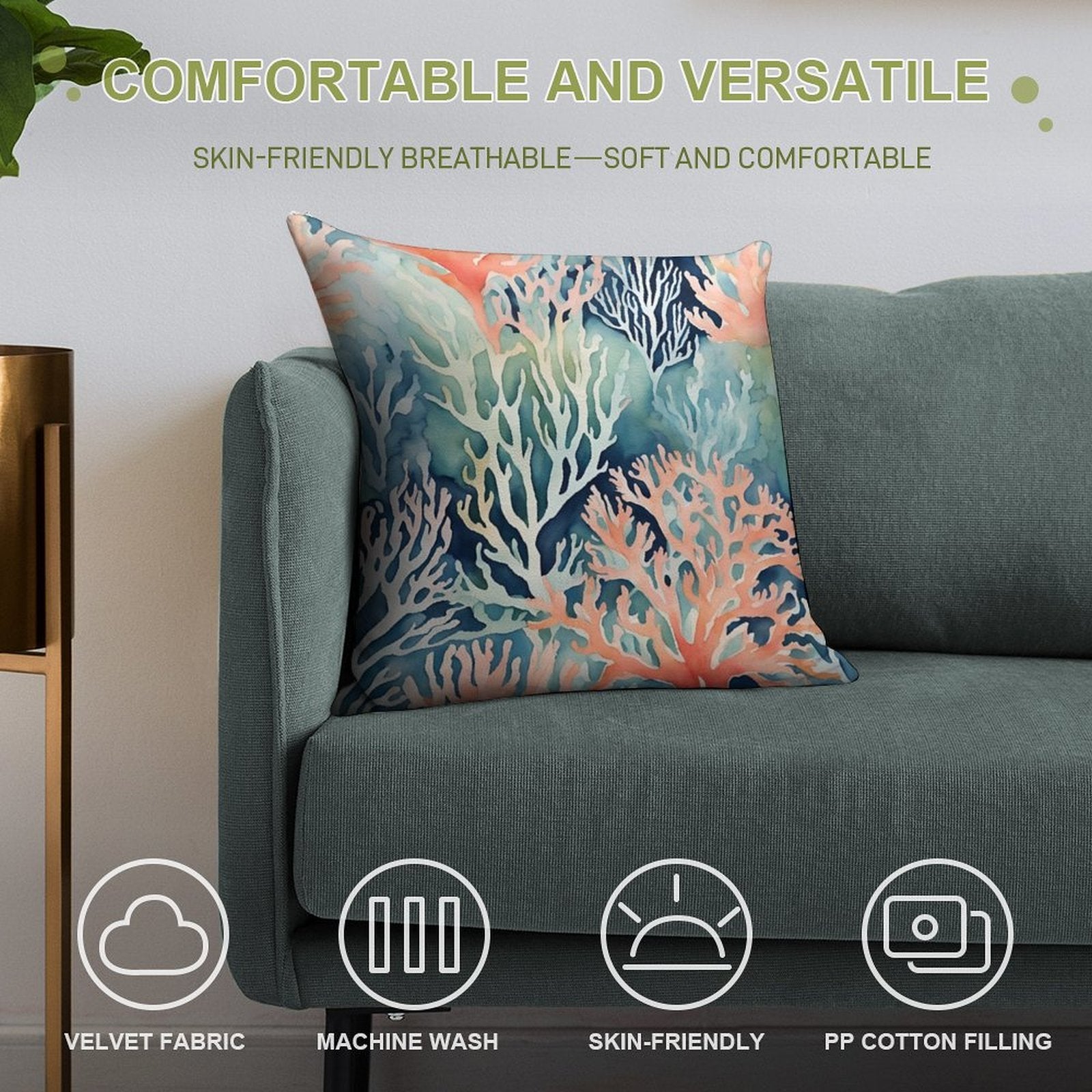 Navy Blue Teal Orange Coral Reef Beach Coastal Soft Washable Throw Pillow