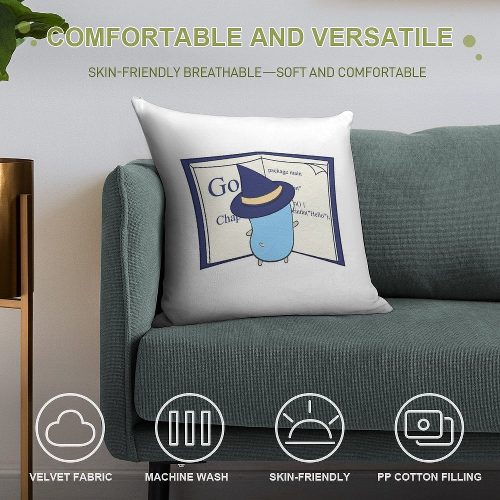 The Go Gopher Witch Learning Go Soft Reinforced Edging Throw Pillow