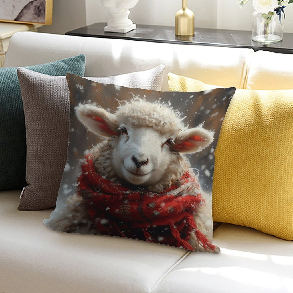 Sheep in The Snow with A Red Scarf Soft Anti-Pilling Throw Pillow
